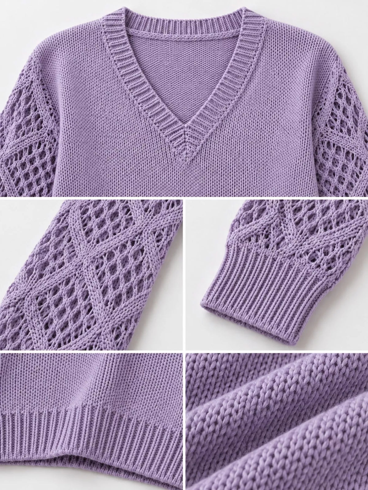 Purple v neck openwork long sleeve sweater, detail view