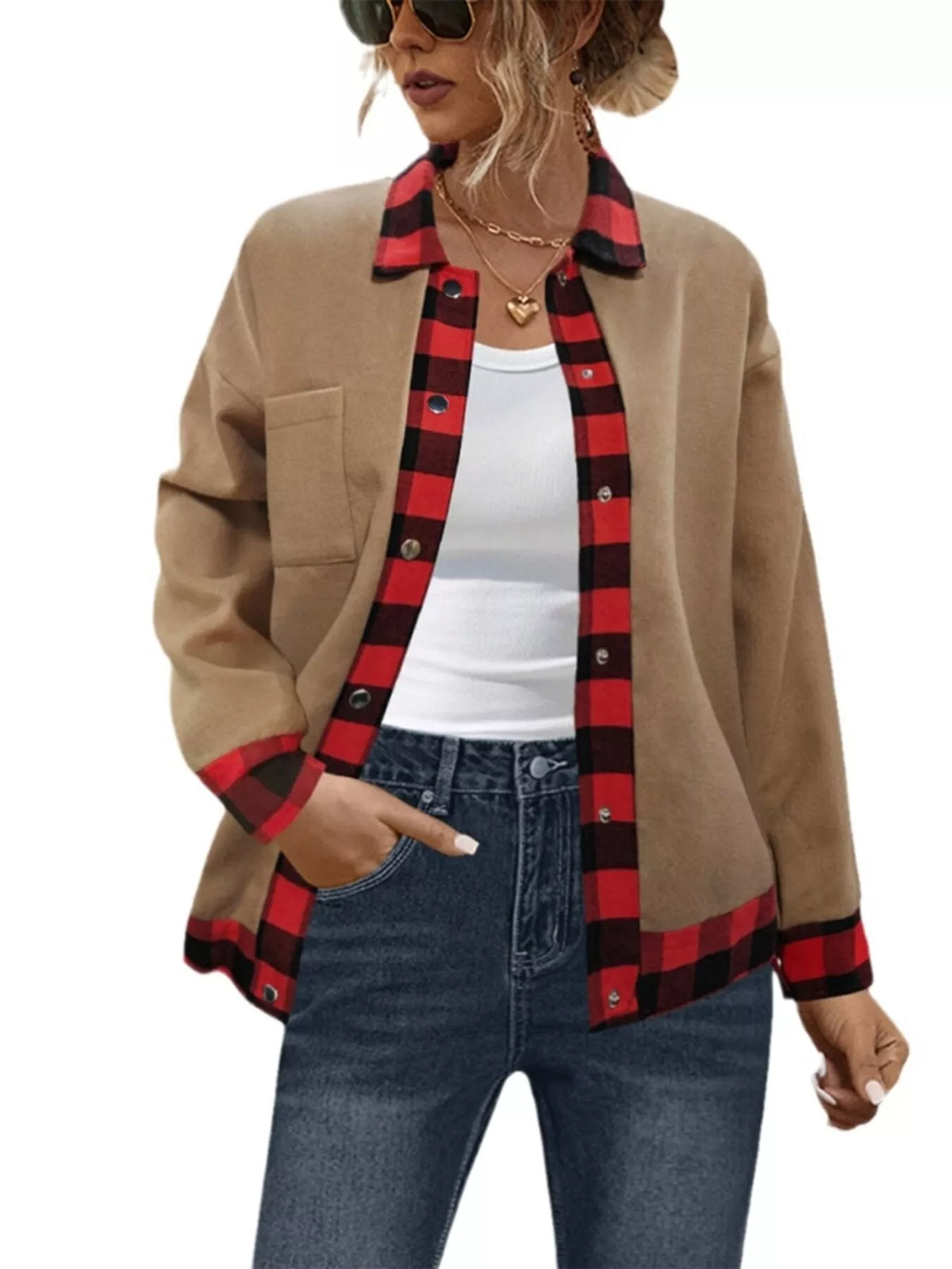 Tan plaid-trim overshirt, open front on model