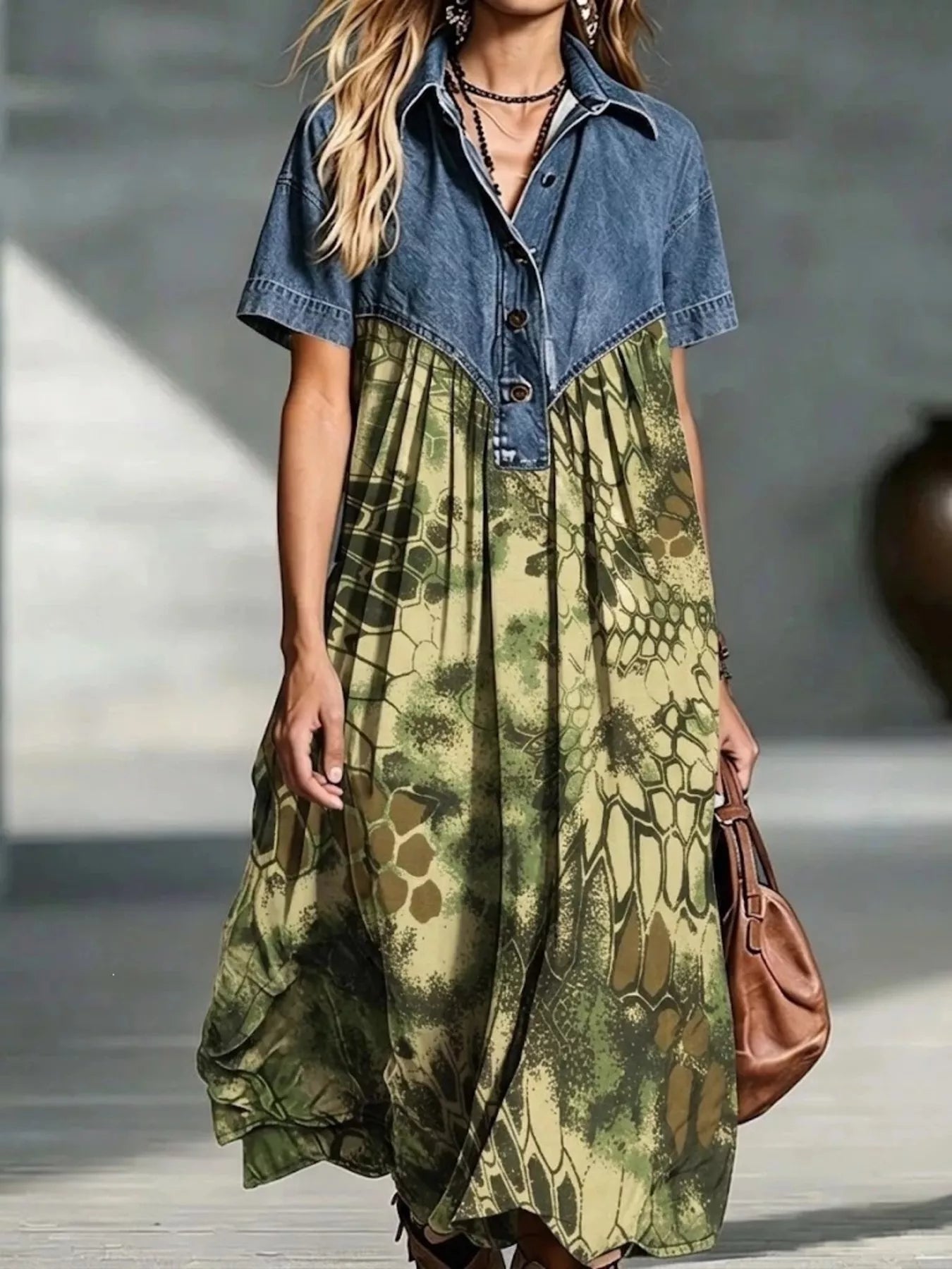 Trendsi Full Size Denim Patchwork Printed Shirt Dress Plus Size -