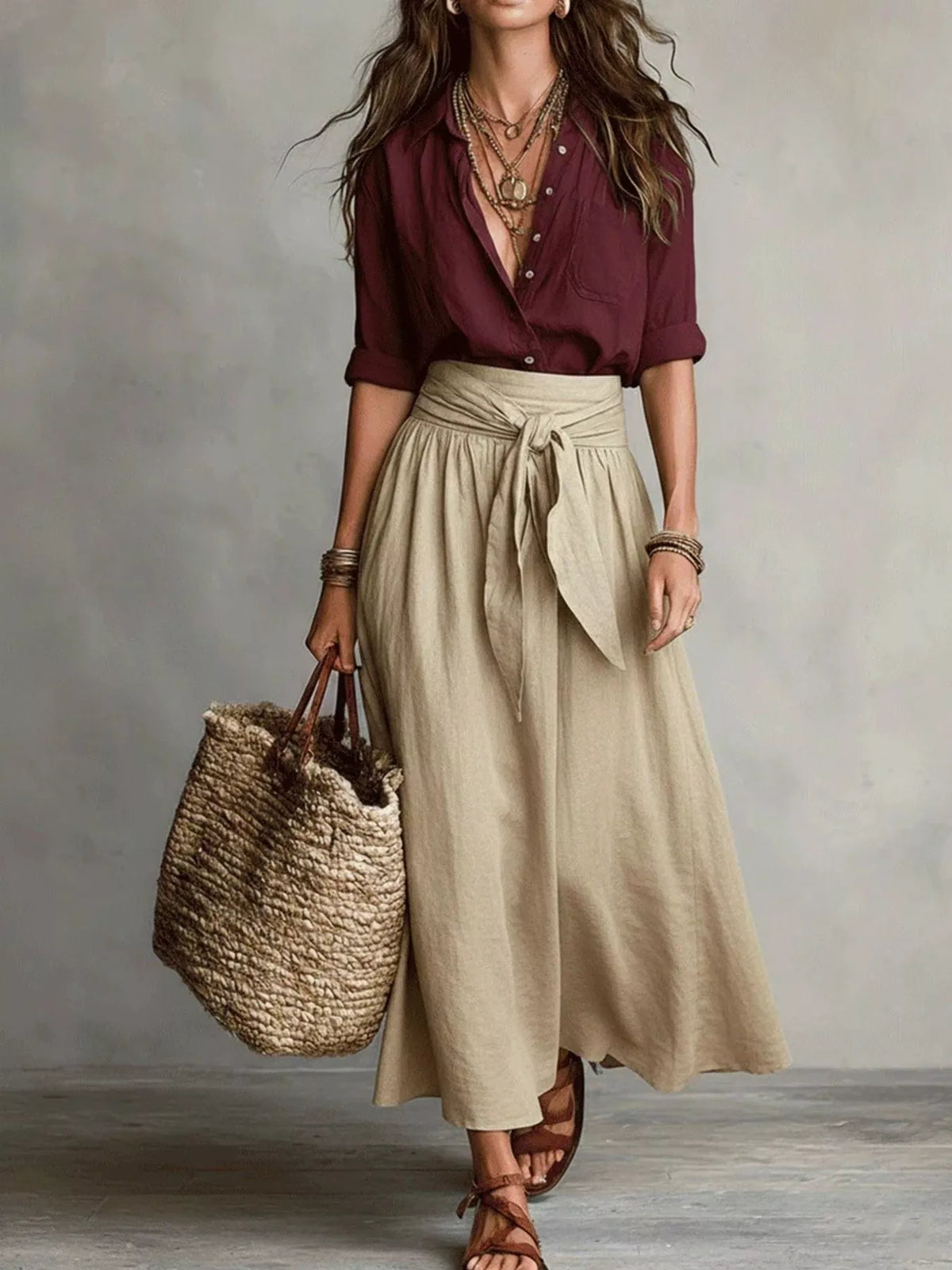 Burgundy and beige button-front shirt and skirt set, full front view