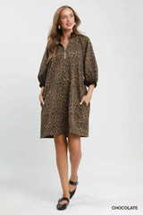 Trendsi Umgee Leopard Print Quarter Zip Puff Sleeve Mini Dress -