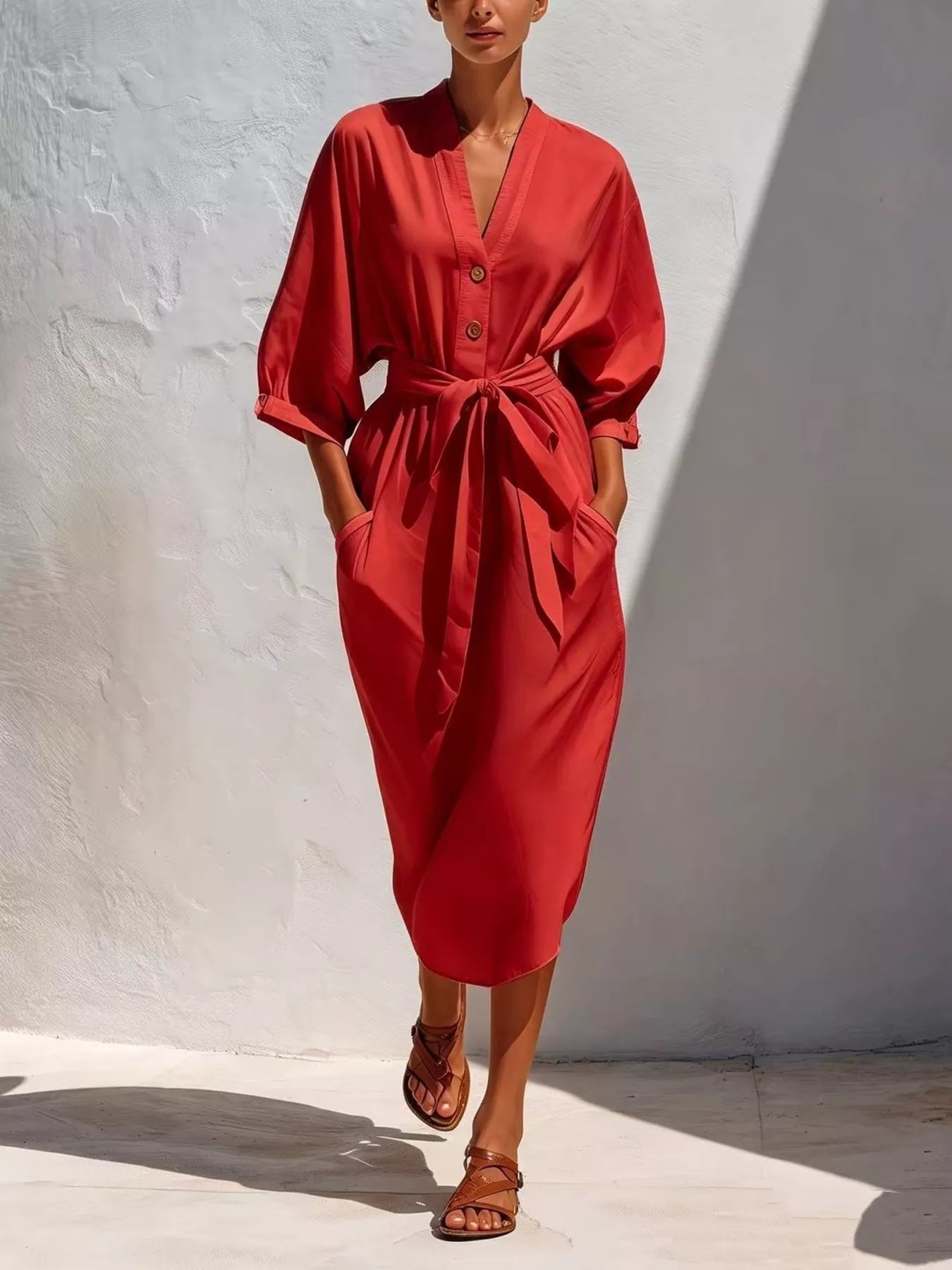 Trendsi Full Size Tie Waist V-Neck Midi Dress Plus Size -
