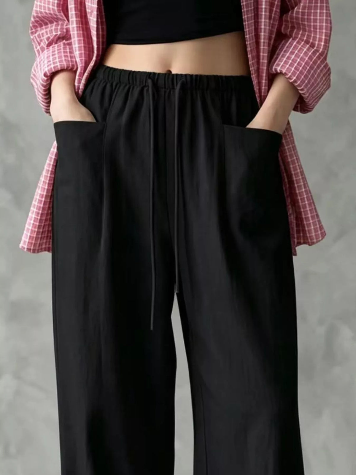 Women's Drawstring Wide-Leg Casual Pants in black — waist detail view