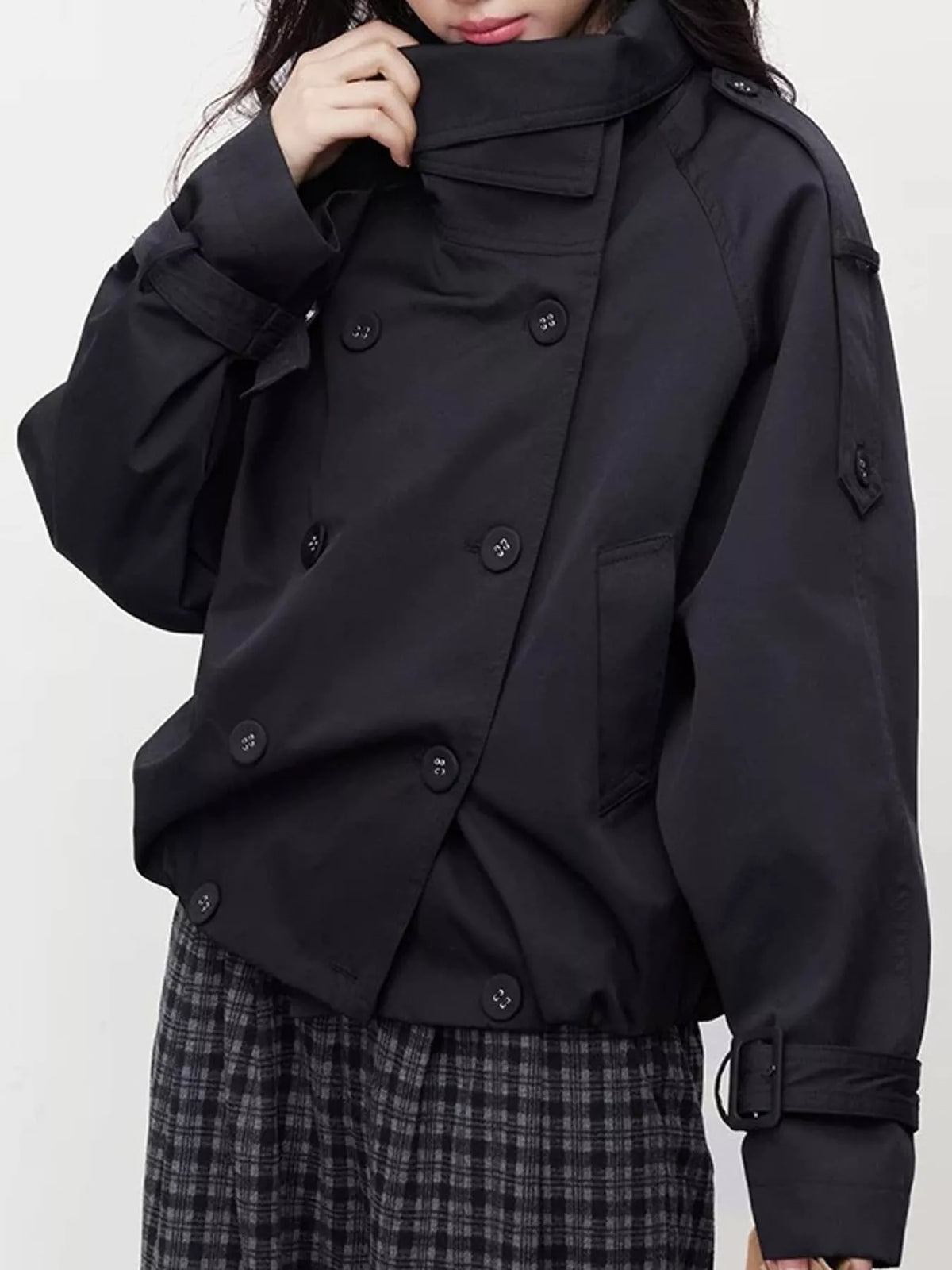 Lapel Double-Breasted Trench Jacket in black-2797