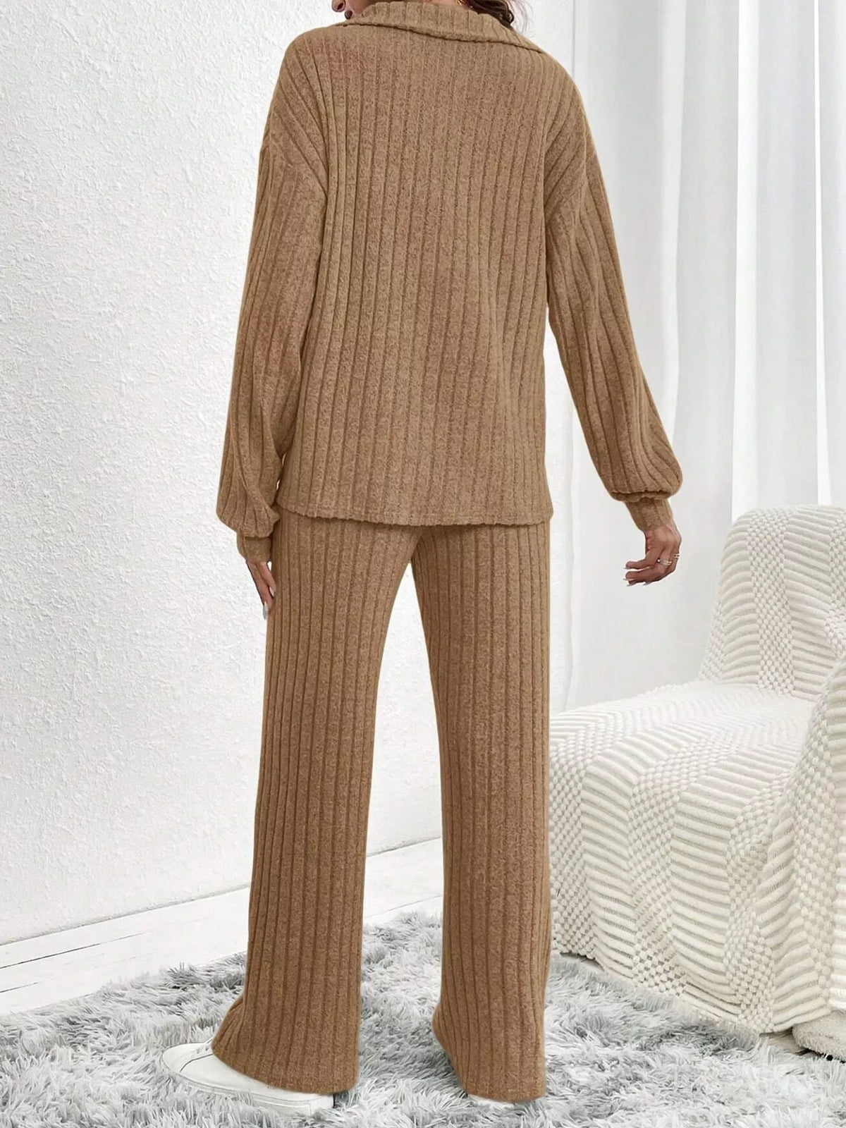 Ribbed Knit Collared Top and Wide Leg Pants Set, back view in camel