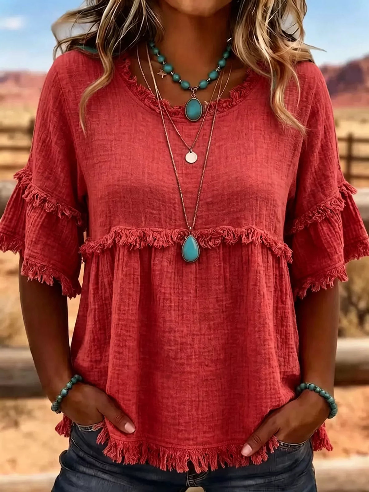 Red frayed edge textured blouse