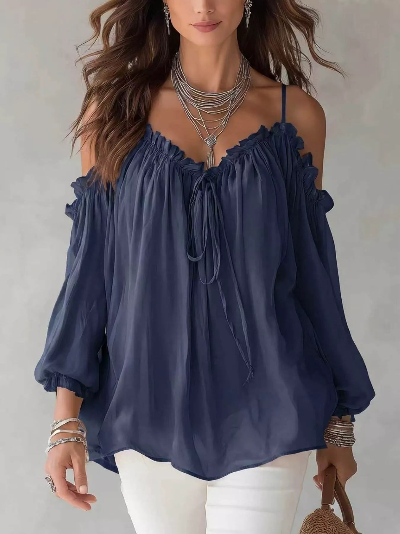 Trendsi Frill Spaghetti Strap Tie Front Blouse -