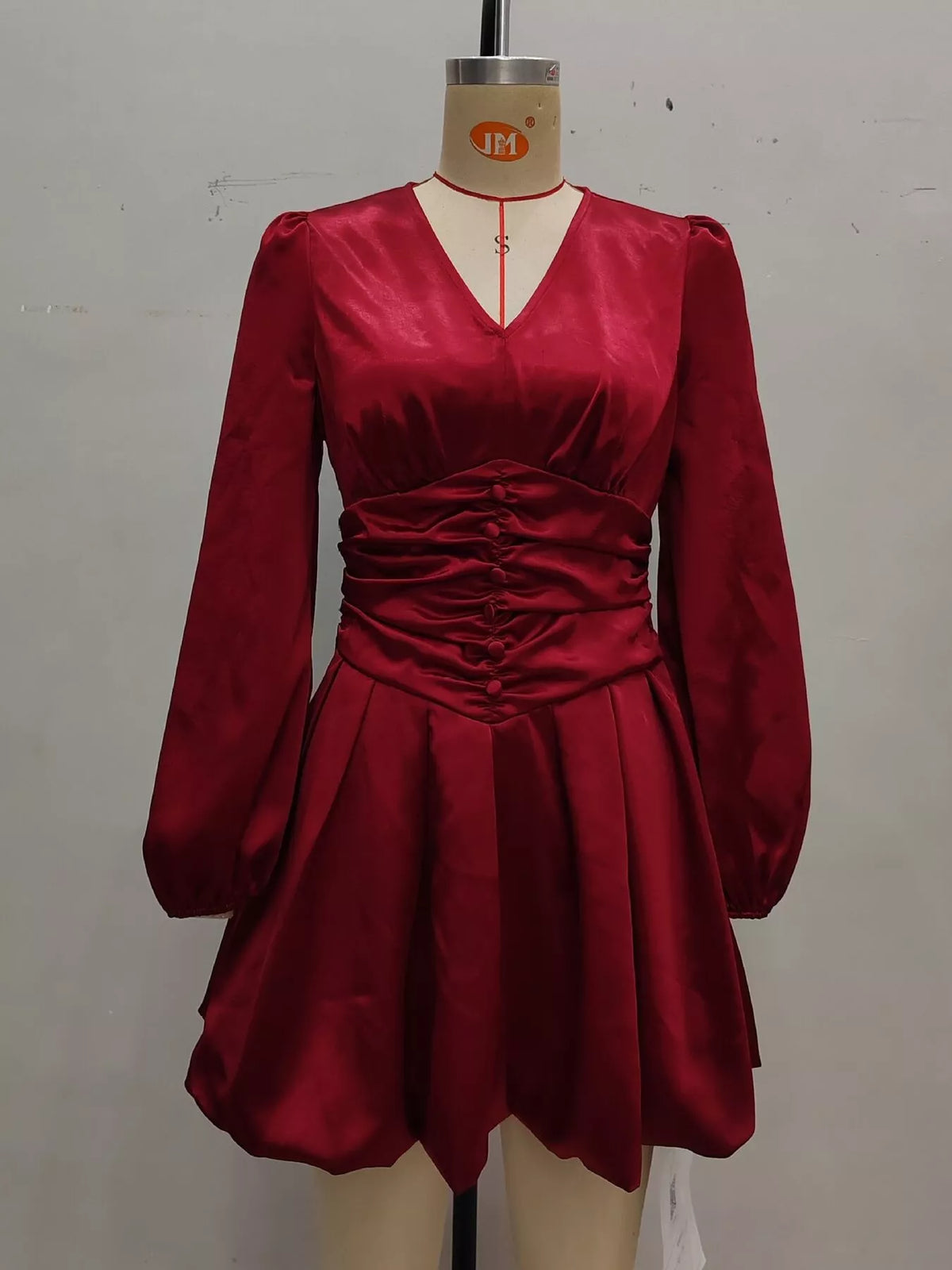 Red Ruched V-Neck Balloon-Sleeve Mini Dress front view on mannequin