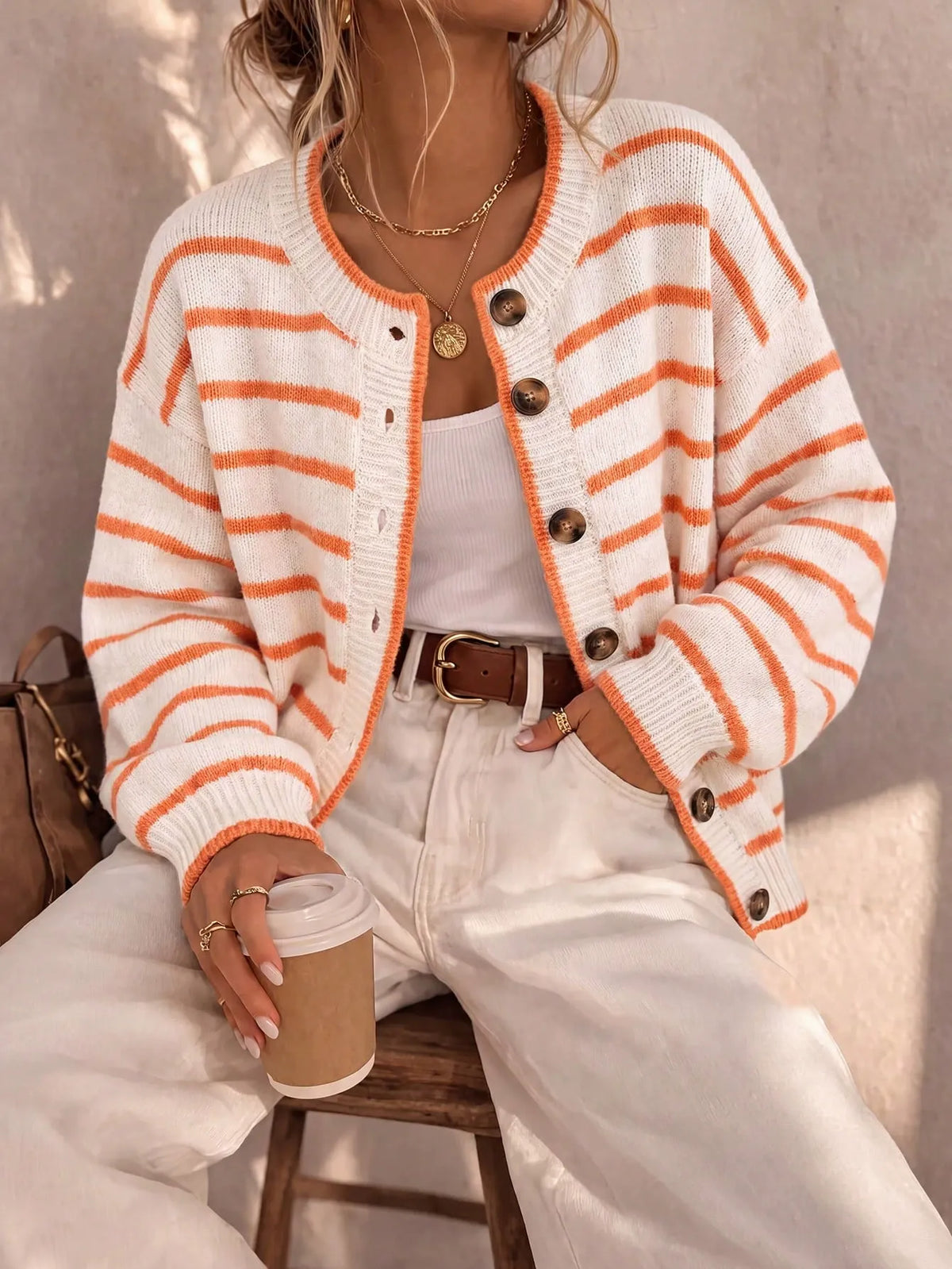 Trendsi Women's Striped Button-Down Long Sleeve Knit Cardigan - Cardigans Cardigan