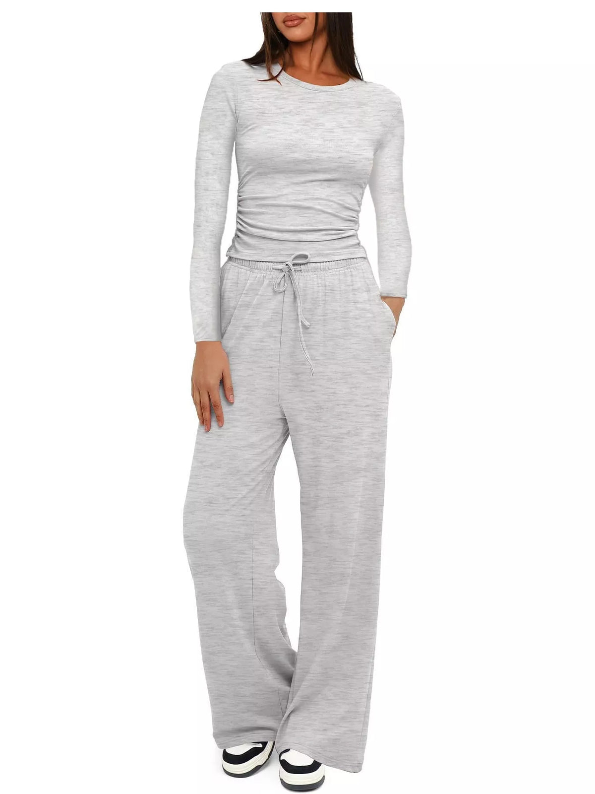 Long Sleeve Top and Wide-Leg Drawstring Pants Set — front view