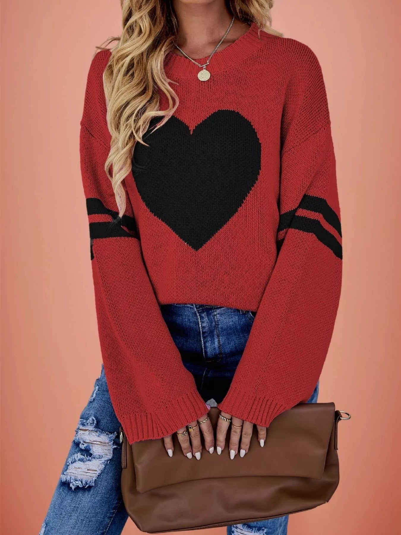 Trendsi Heart Pattern Dropped Shoulder Sweater -