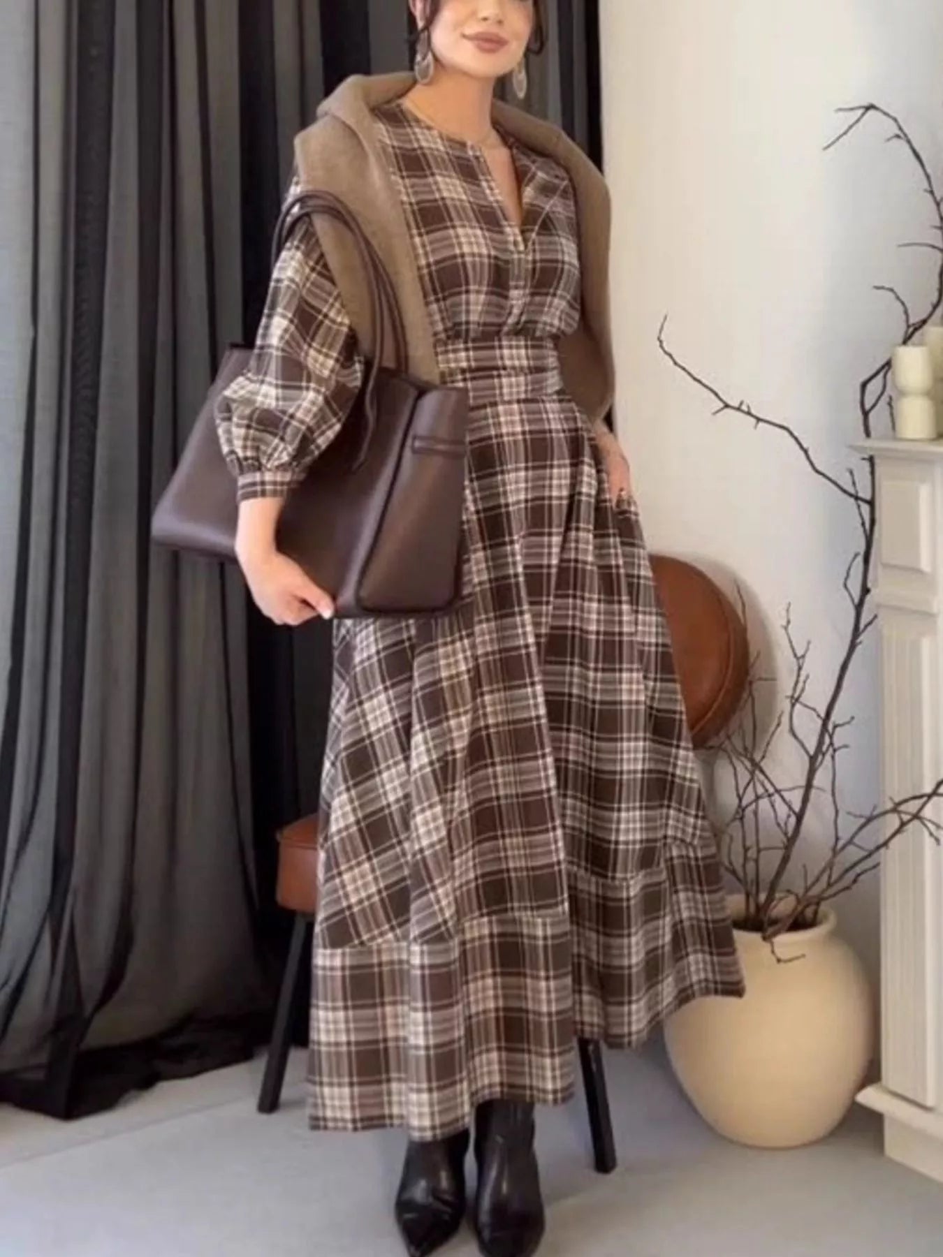 Trendsi Vintage Plaid Puff Sleeve Midi Dress -