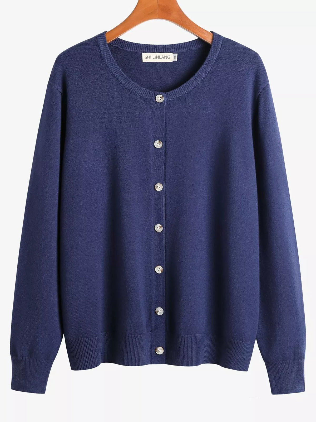 Navy blue crew neck button down knit cardigan, front view