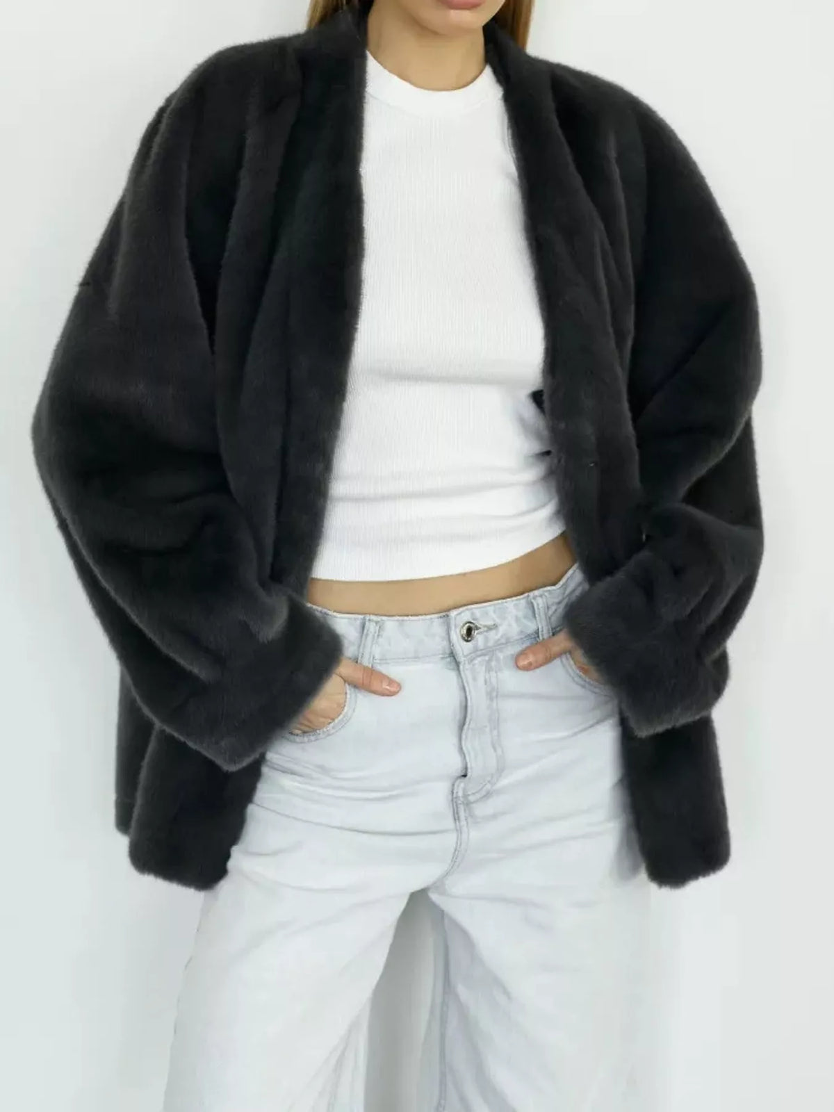 long sleeve jacket, front view on model