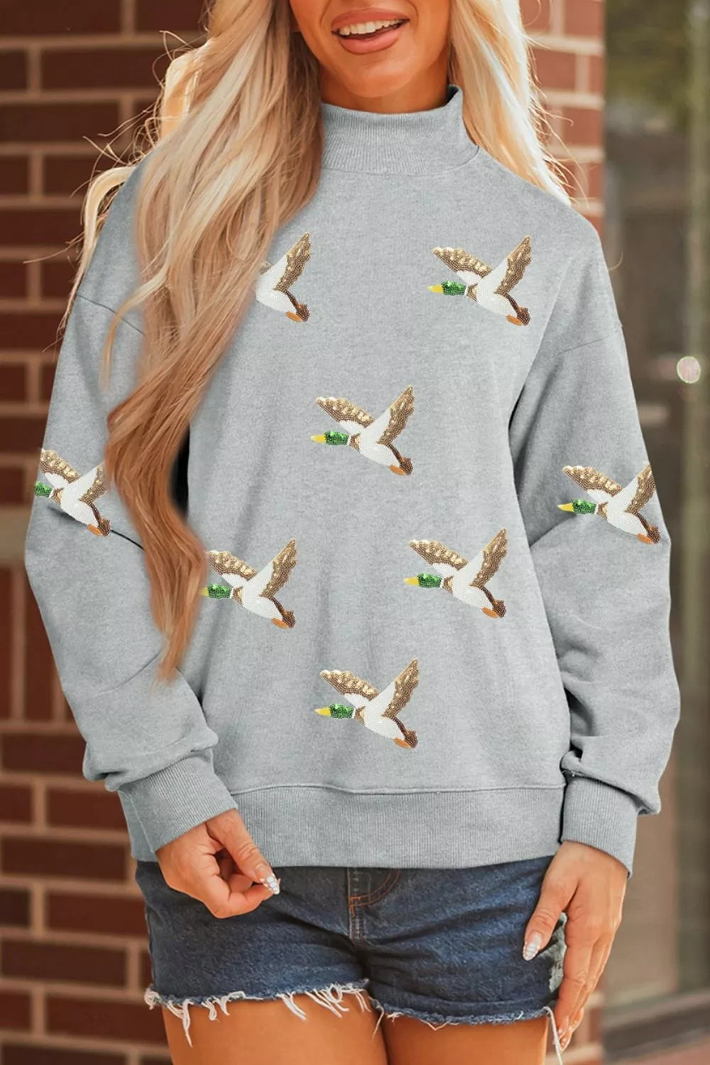 Women's Sequin Mallard Graphic Mock Neck Baggy Pullover Sweatshirt in Gray, alternate view