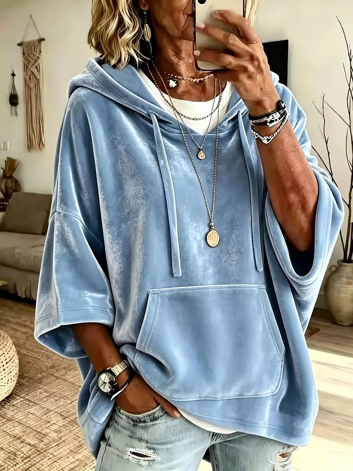 Trendsi Full Size Velvet 3/4 Sleeve Hoodie with Kangaroo Pocket Plus Size -