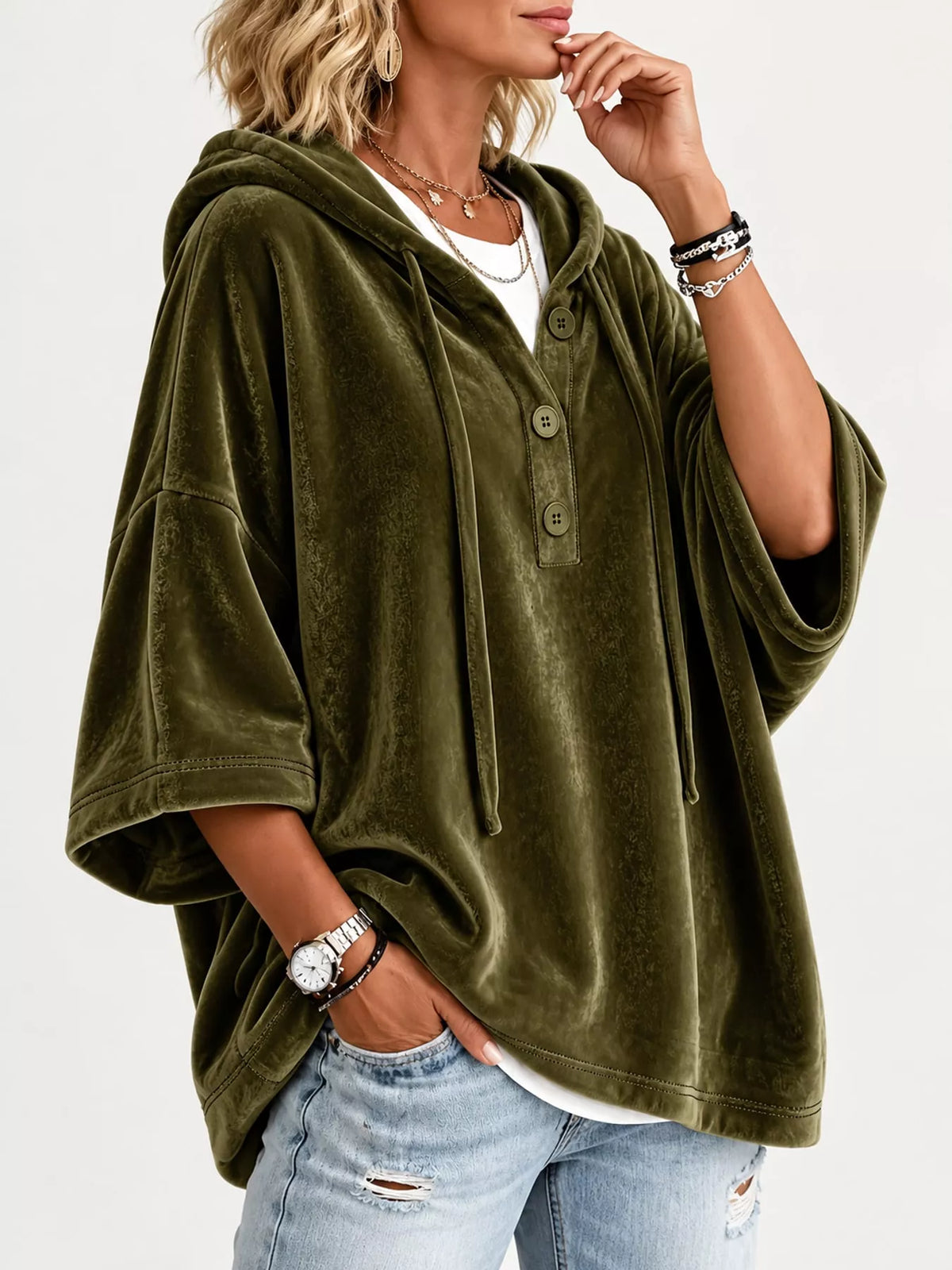 Velvet Button Hoodie in olive green, side view