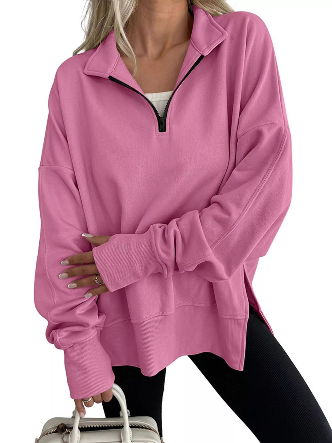 Trendsi Quarter-Zip Dropped Shoulder Sweatshirt -