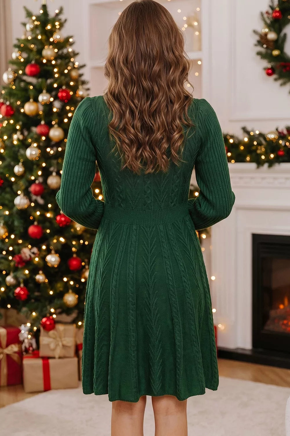 Cable-knit bow dress, green bow dress back