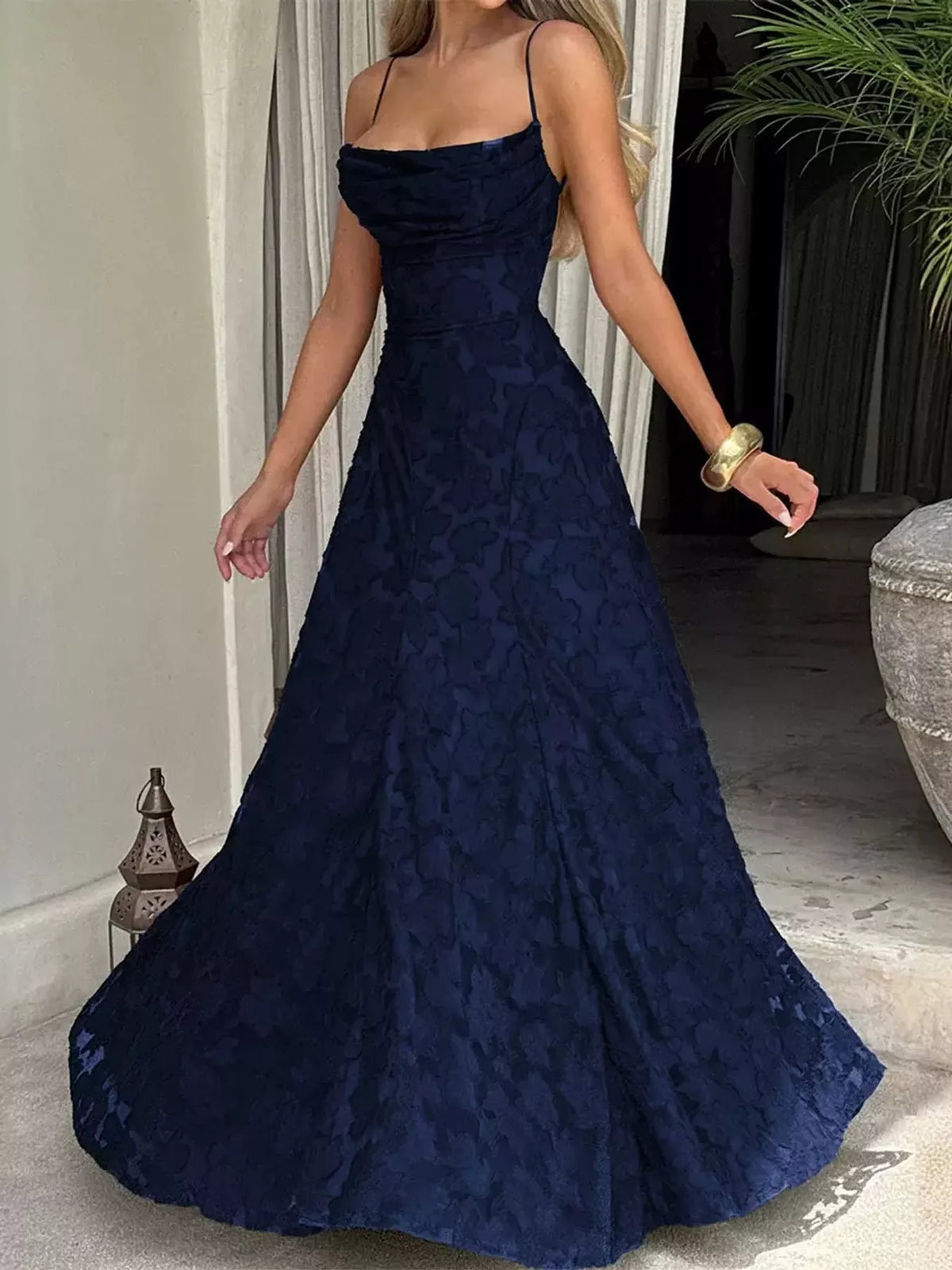 Navy backless lace maxi dress, front view