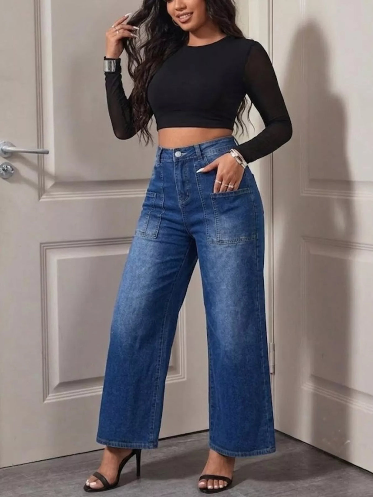 High-Waisted Patch Pocket Wide-Leg Jeans in blue, front view