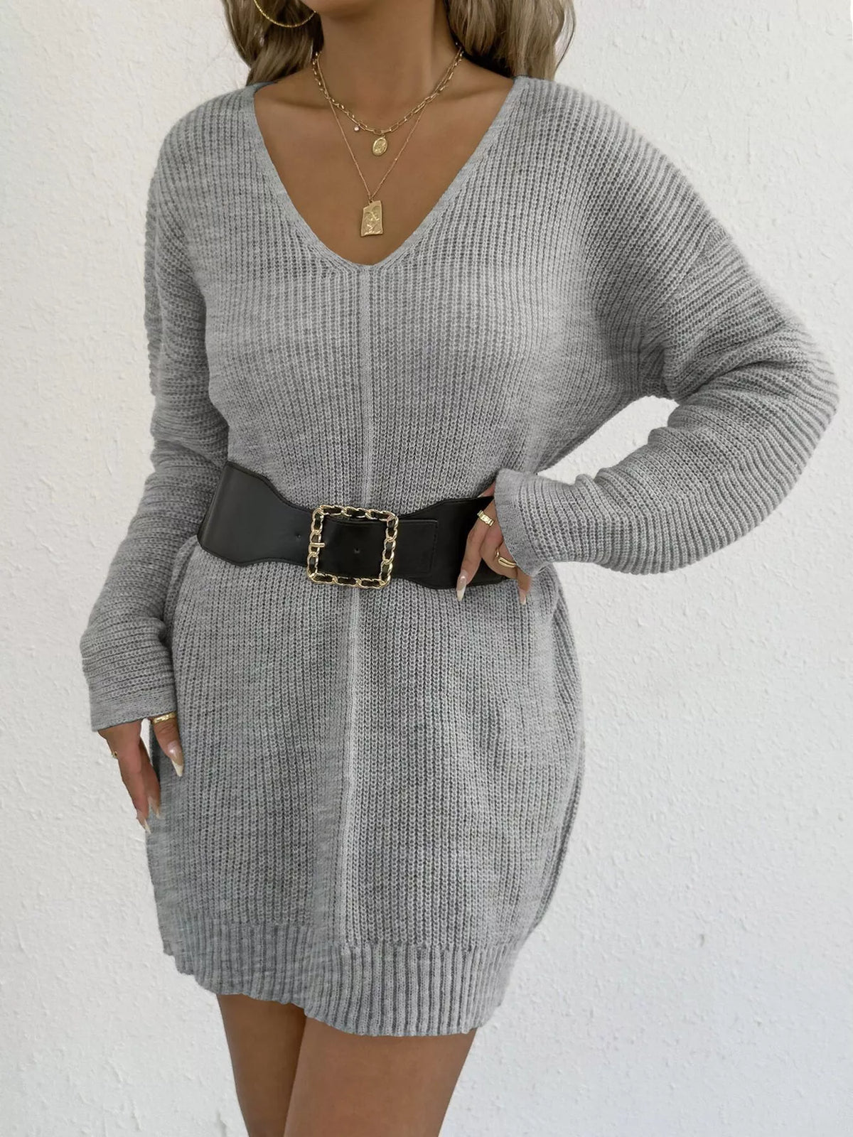 V-neck ribbed-knit sweater dress