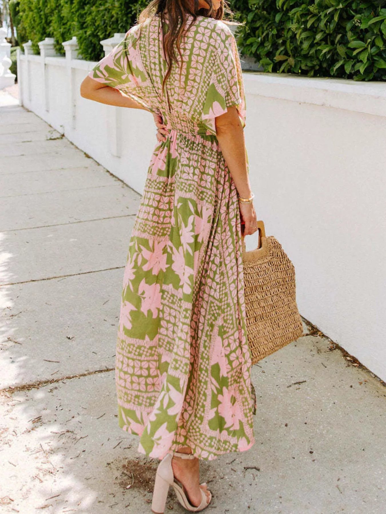 Trendsi Floral Print V-Neck High Slit Maxi Dress -