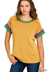 Trendsi Zenana Mardi Gras Raised Rib Contrast Trim Top -