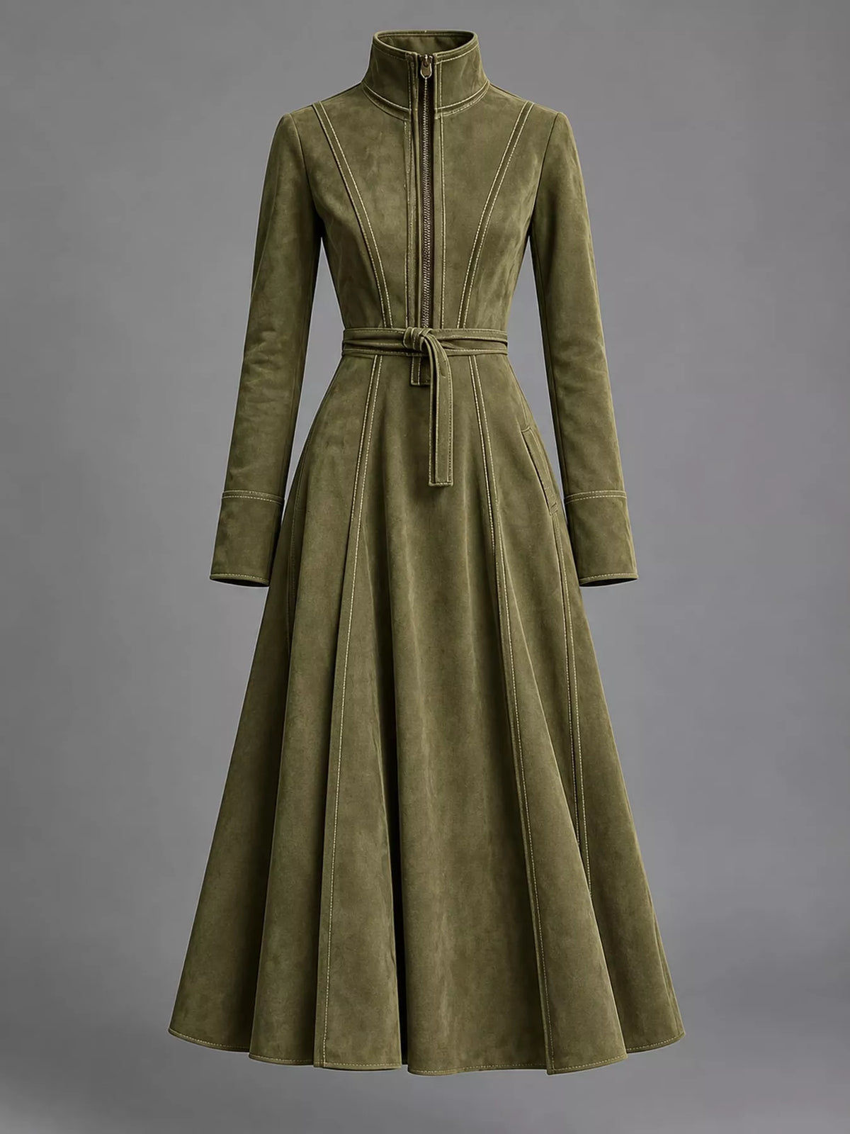 Green zipper front midi dress, front view