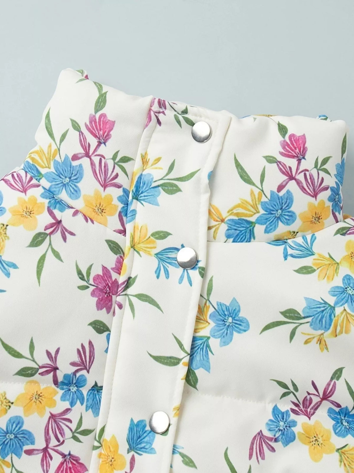 Floral Print Stand Collar Puffer Jacket, snap detail