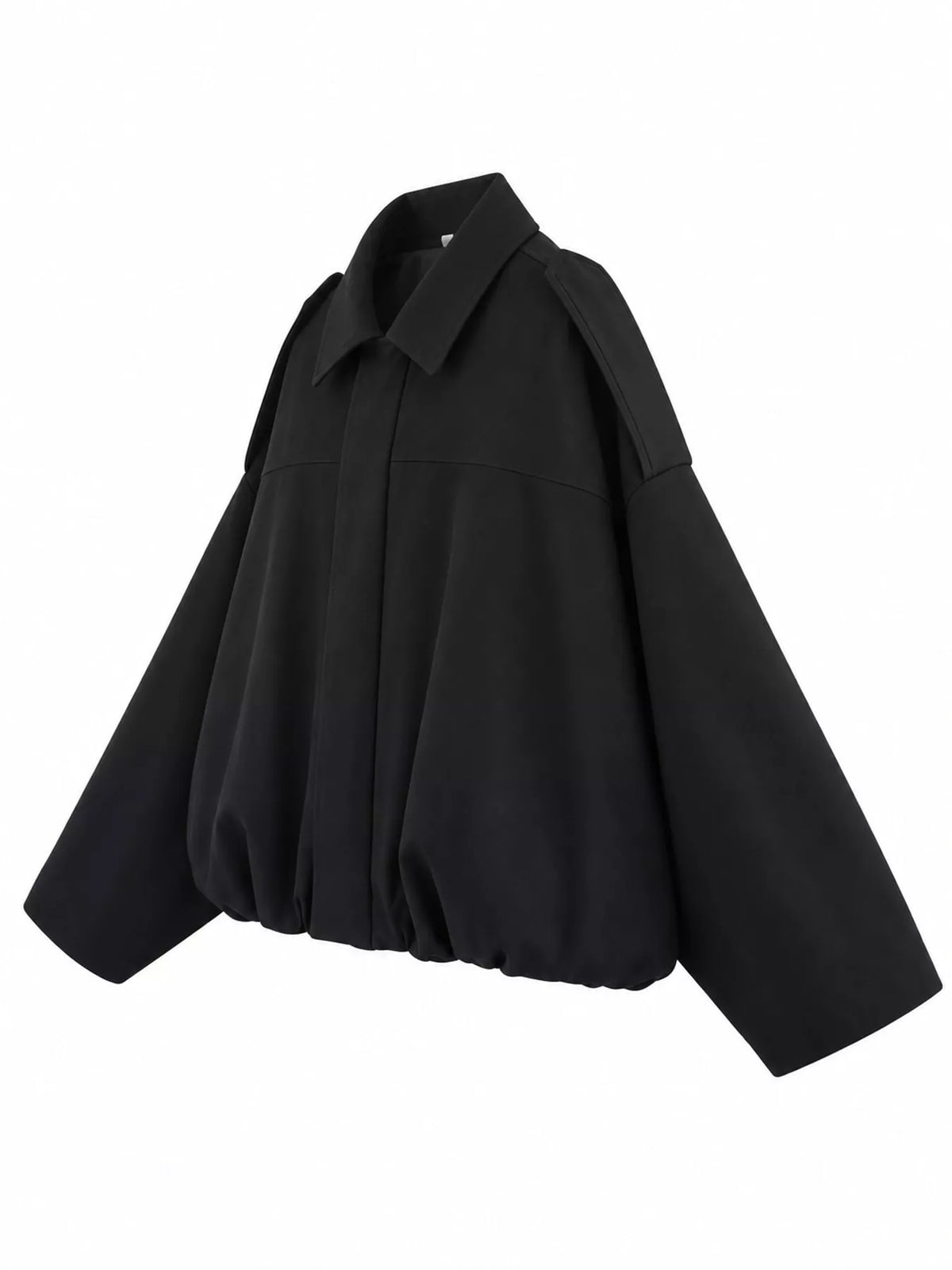 Black elastic hem batwing sleeve jacket, side view