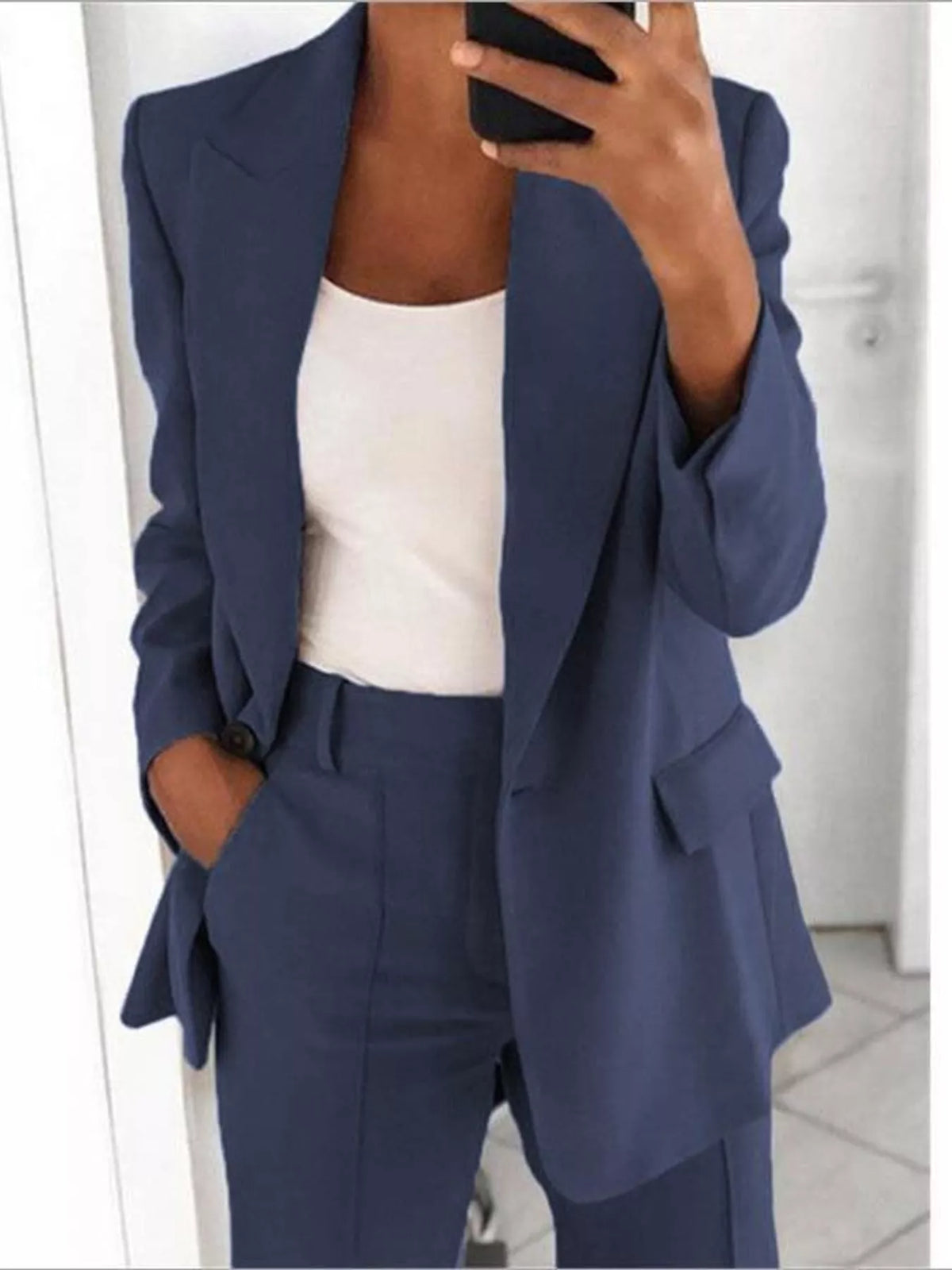 Collared long sleeve outfit set, front view on model