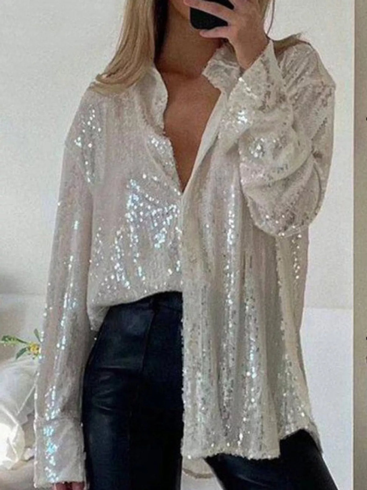 Apricot Gold sequin button up long sleeve shirt