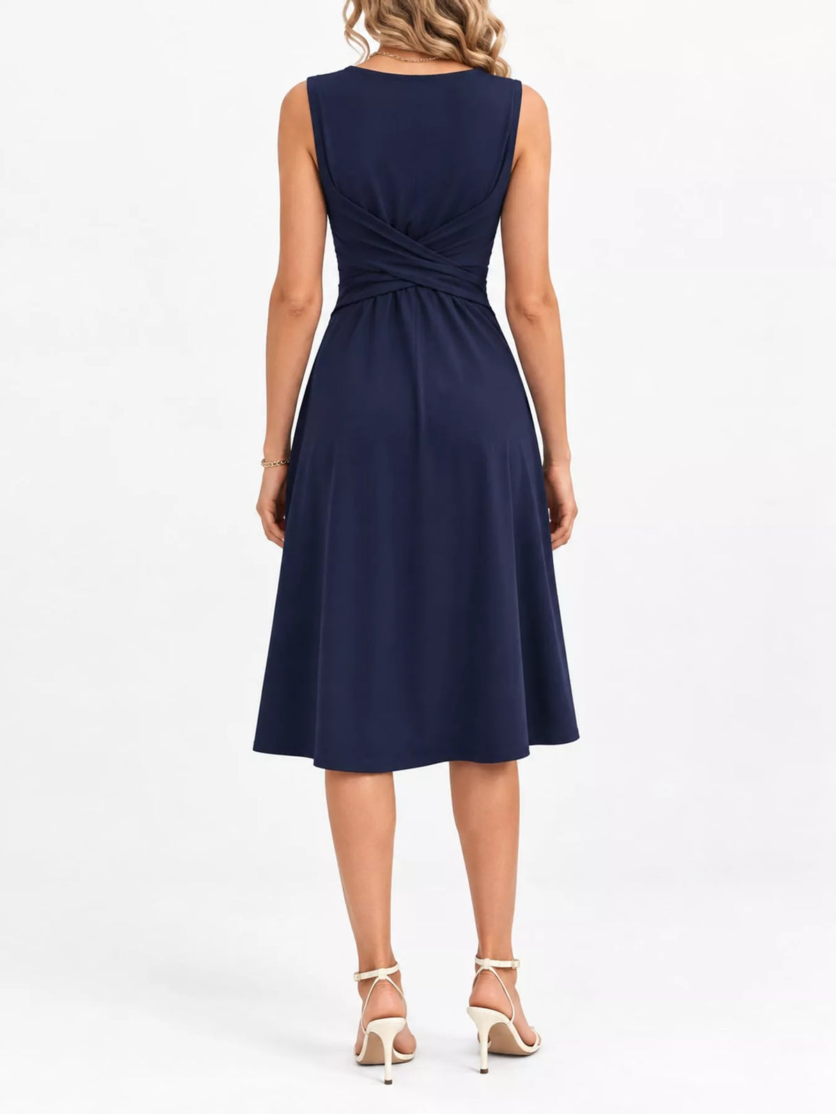 Navy sleeveless ruched-front midi dress, back view