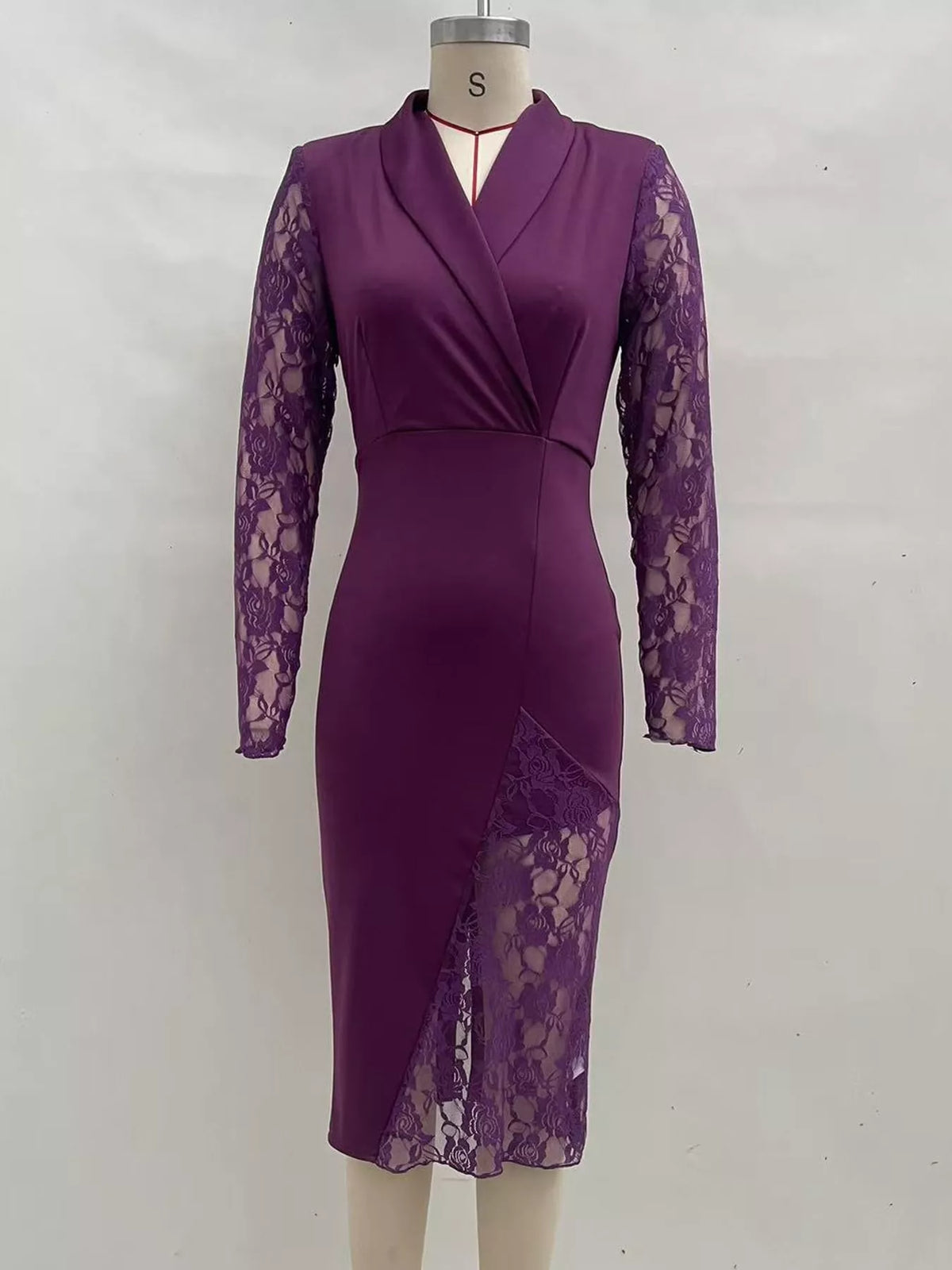 Lace-Sleeve Blazer Dress in purple, front view