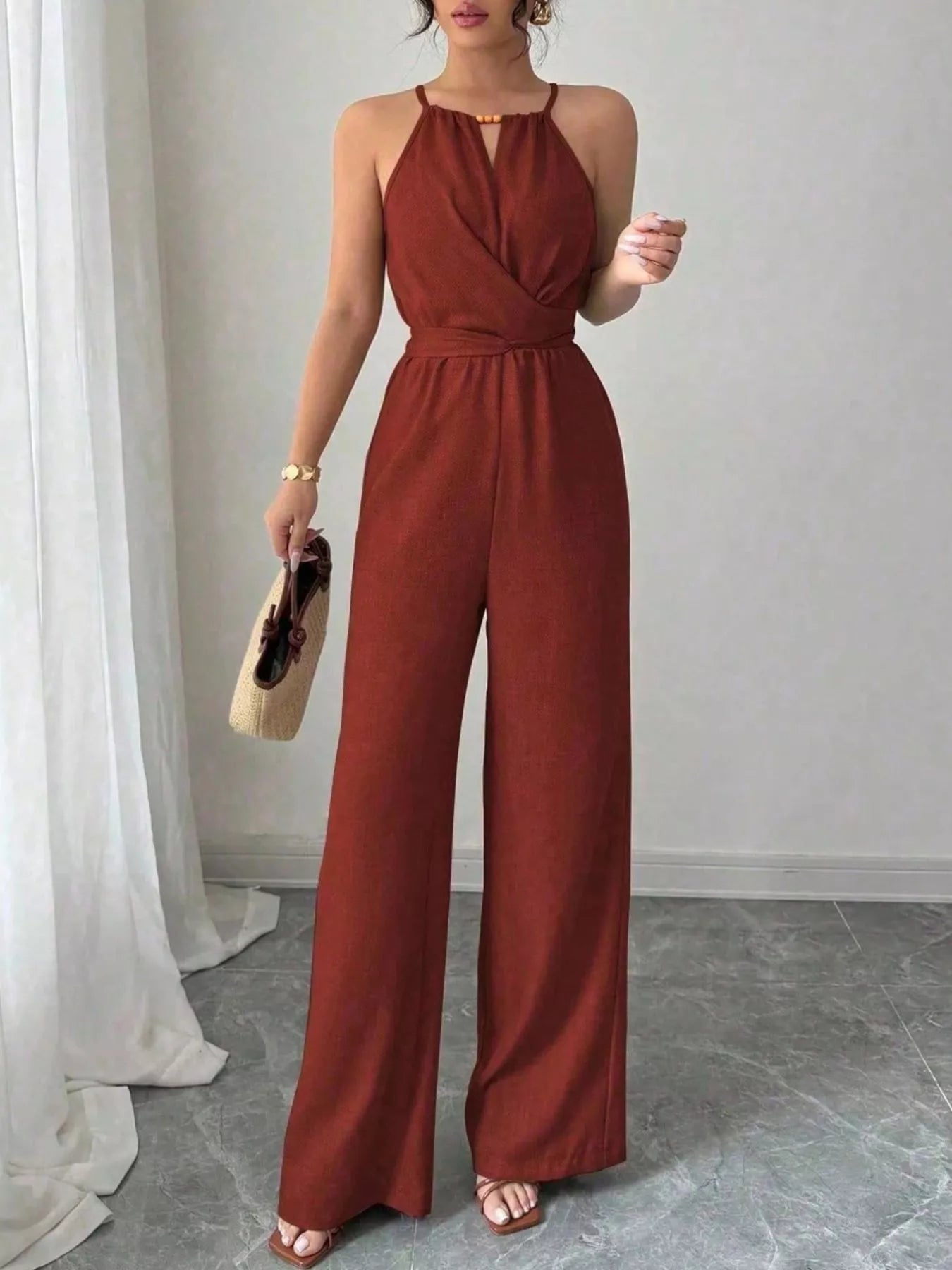 Trendsi Sleeveless Tie Waist Wide-Leg Jumpsuit -