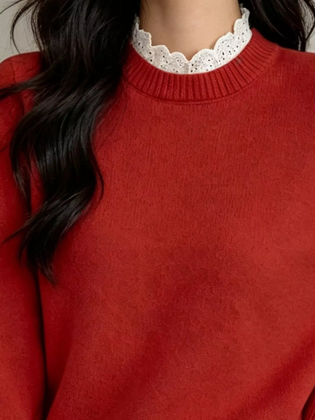Trendsi Lace Trim Mock Neck Sweater -