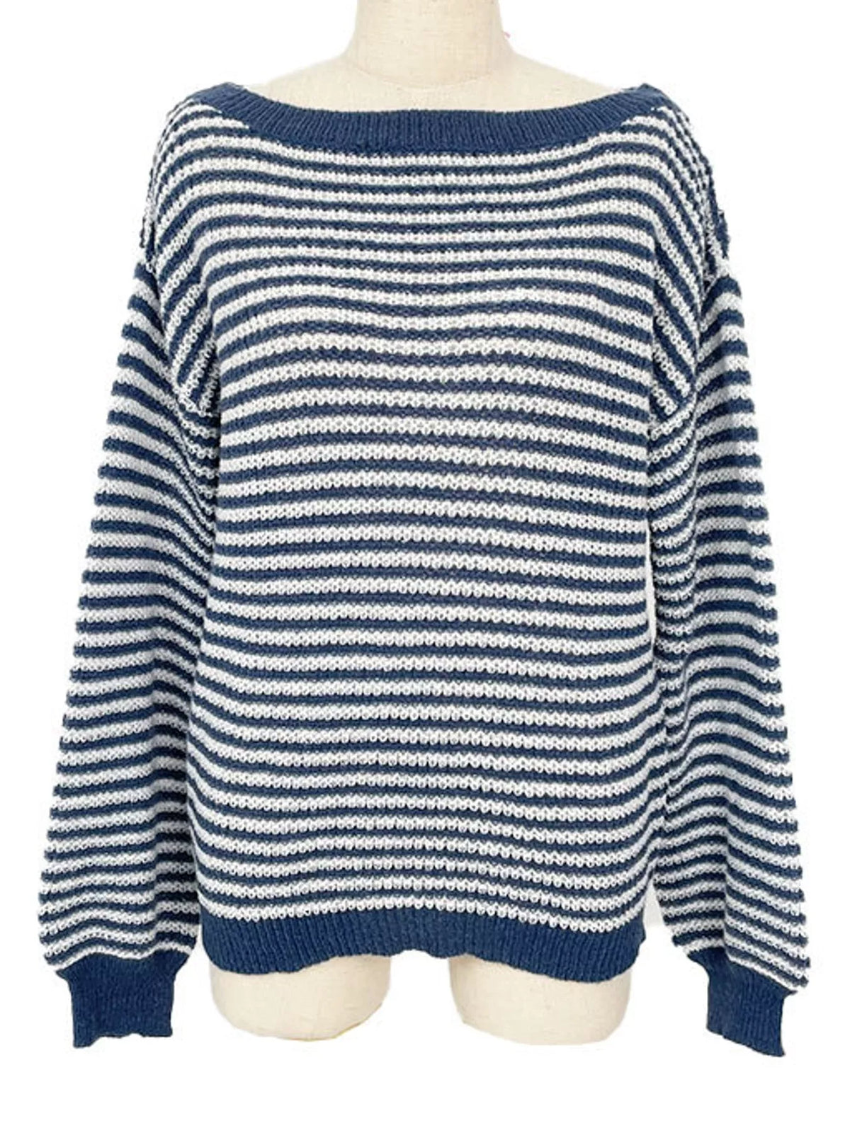 Blue and white striped knit boat neck sweater