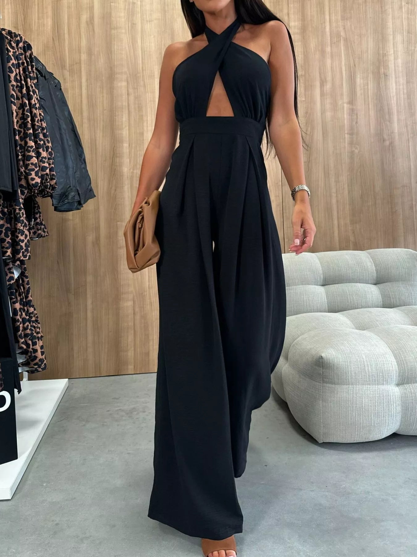 Trendsi Halter Neck Cut-Out Wide-Leg Jumpsuit -