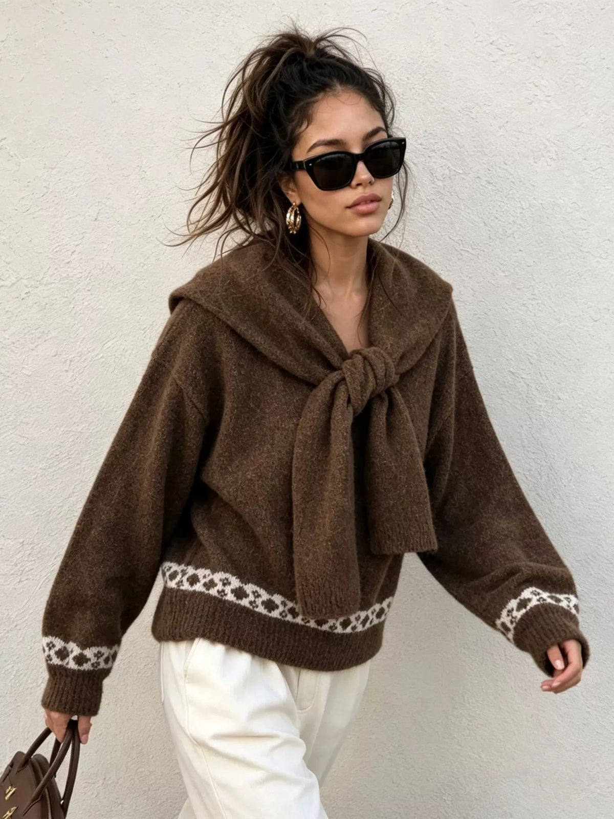 Brown scarf-detail dropped-shoulder sweater, walking front view.