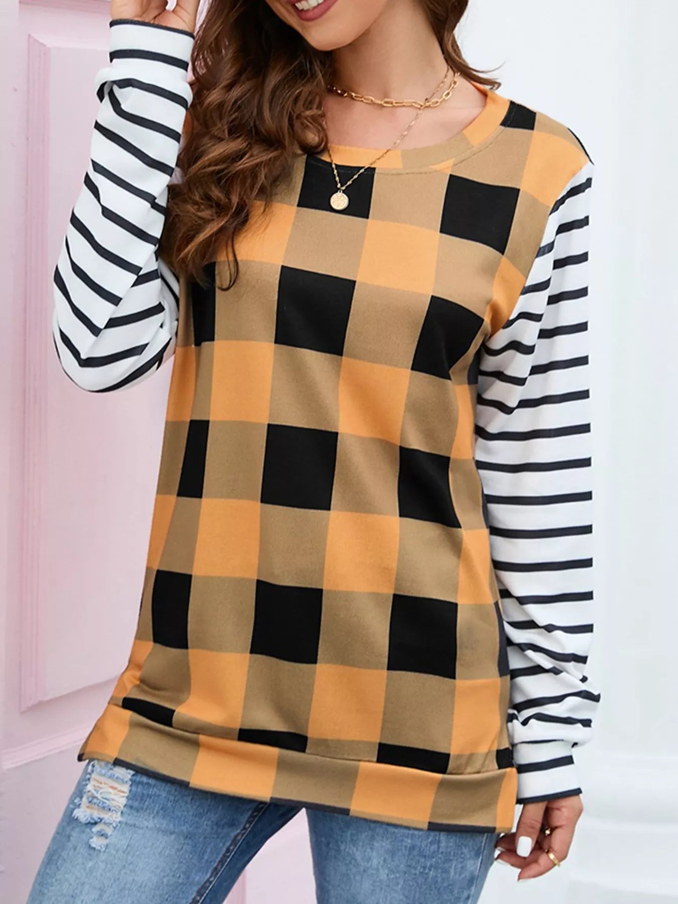Trendsi Plaid and Stripe Contrast Long Sleeve T-Shirt -