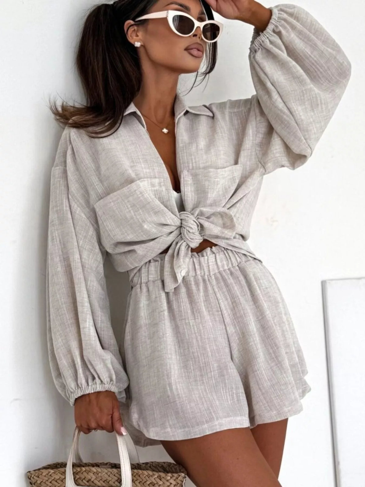 Trendsi Long Sleeve Shirt and High-Waisted Shorts Set -