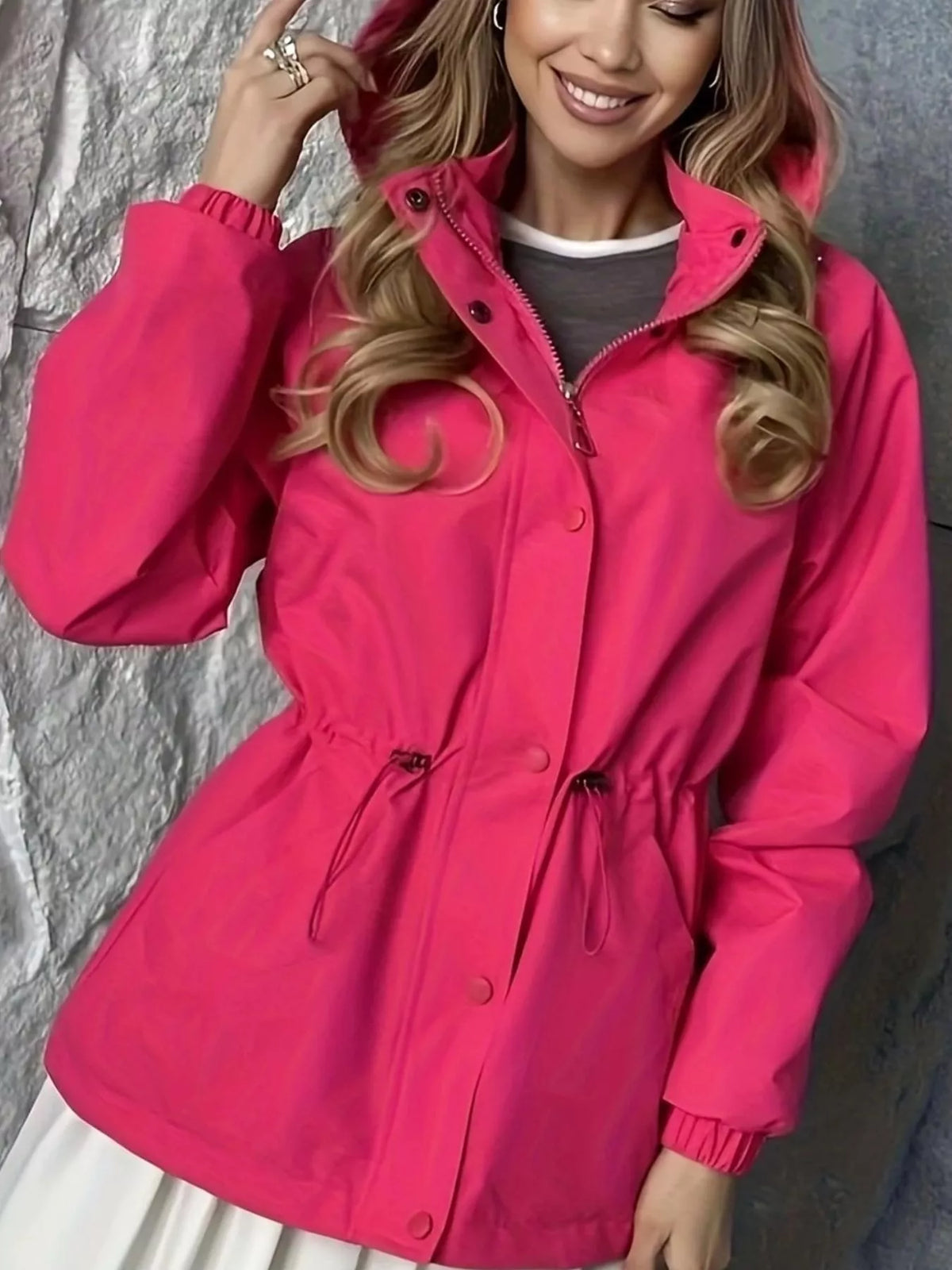 Hot Pink hooded drawstring waist windbreaker jacket