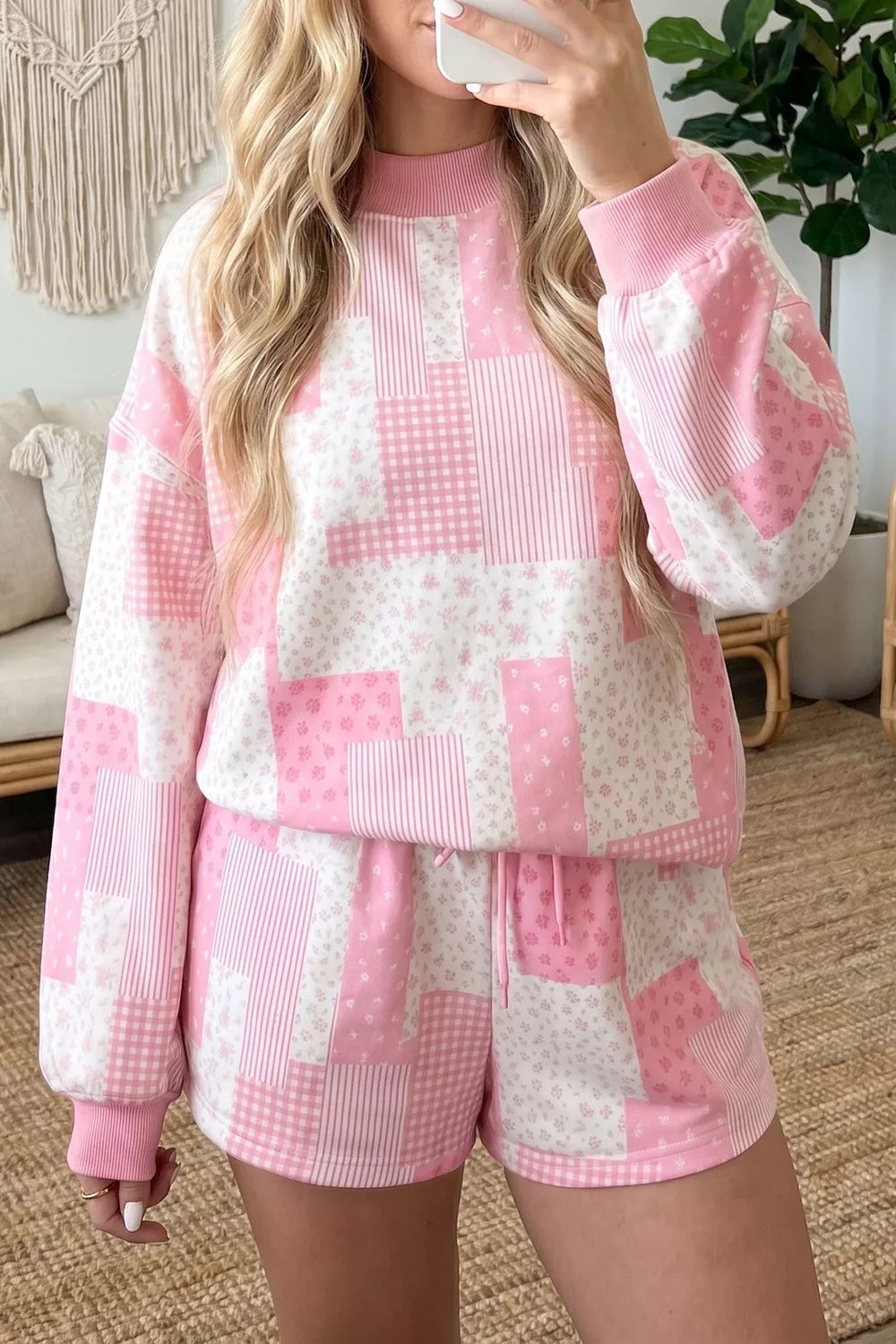 Trendsi Patchwork Floral Print Drop Shoulder Baggy Pullover Drawstring Shorts Set -