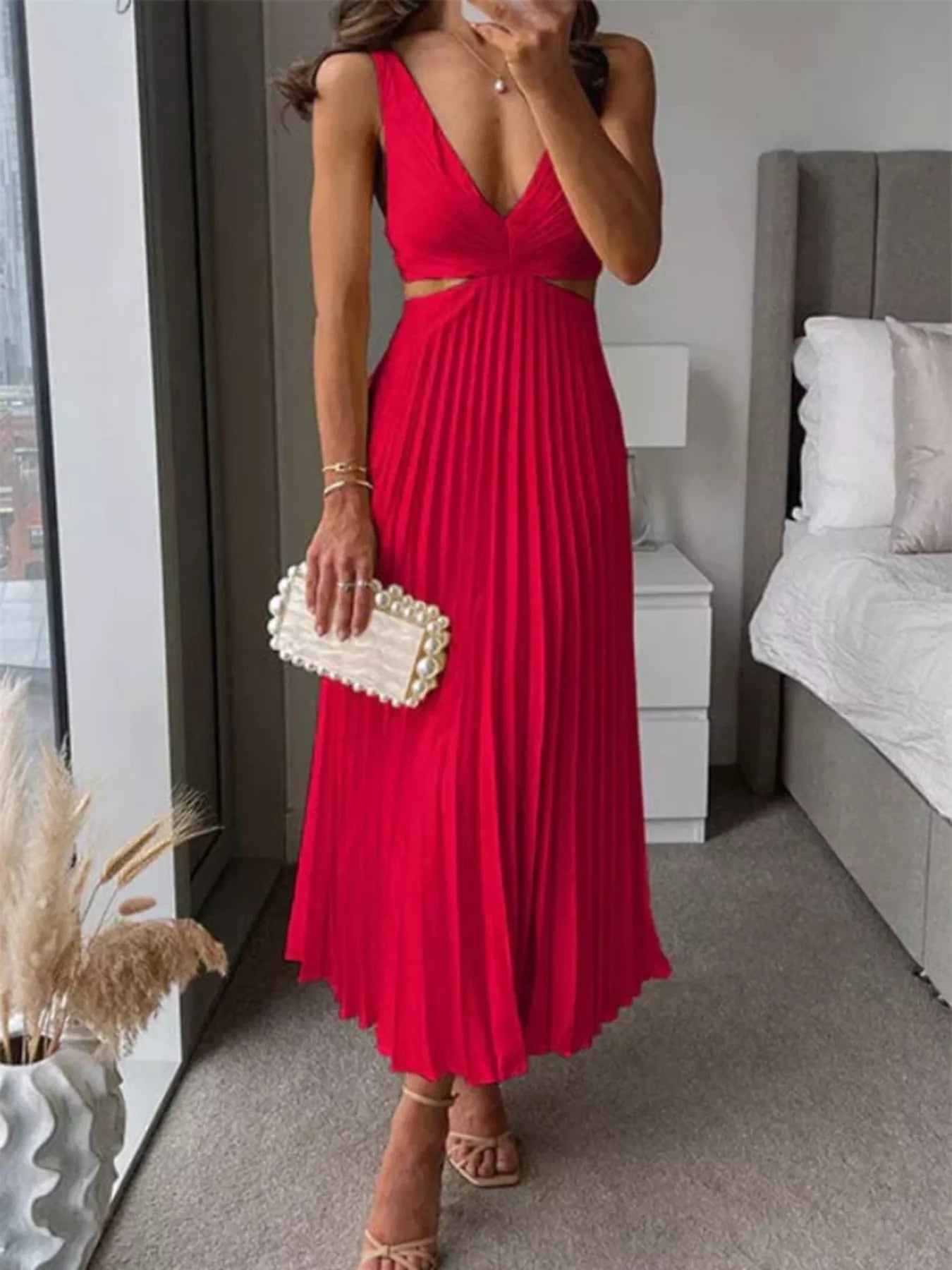 Trendsi Elegant Pleated Midi Dress with Cut-out Details -