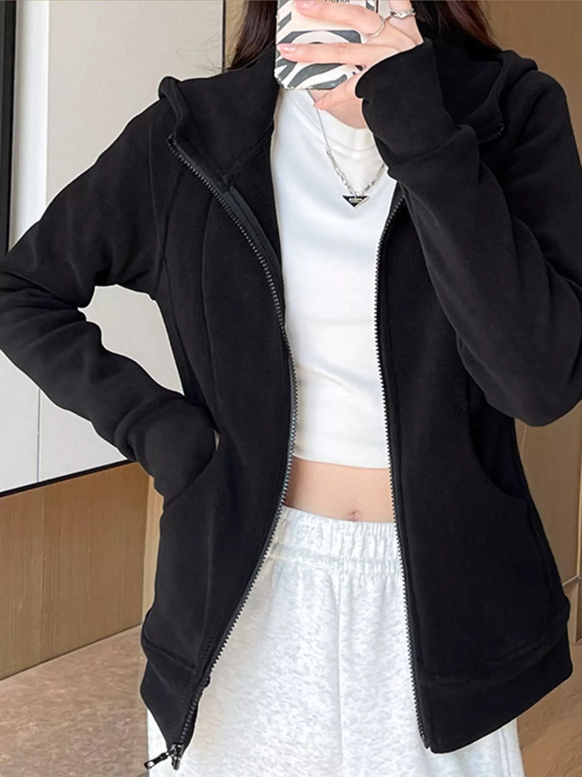 Slim-Fit Full-Zip Thumb Hole Long Sleeve Hoodie with Pockets — front view