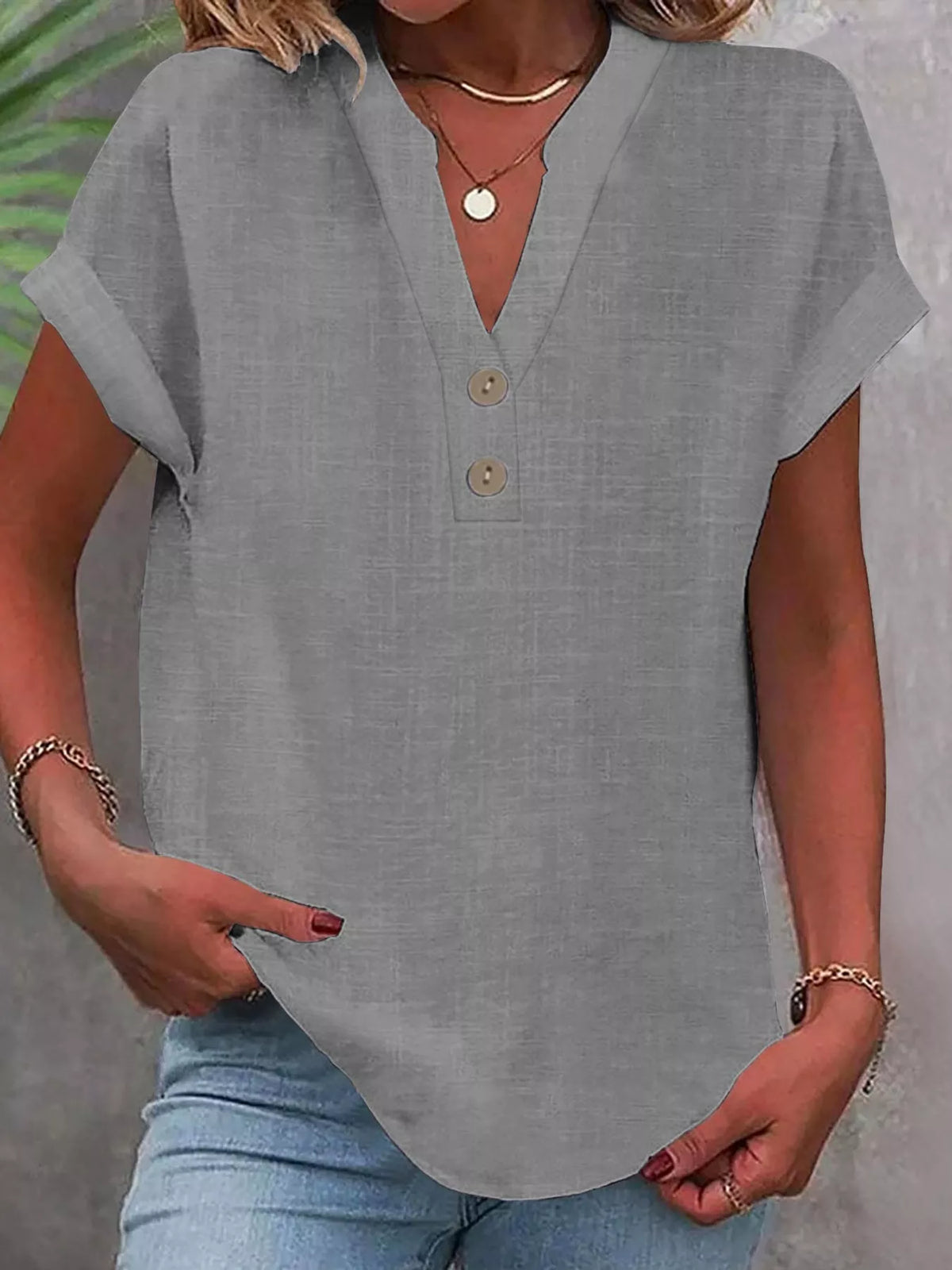Gray button detail short sleeve blouse, front view