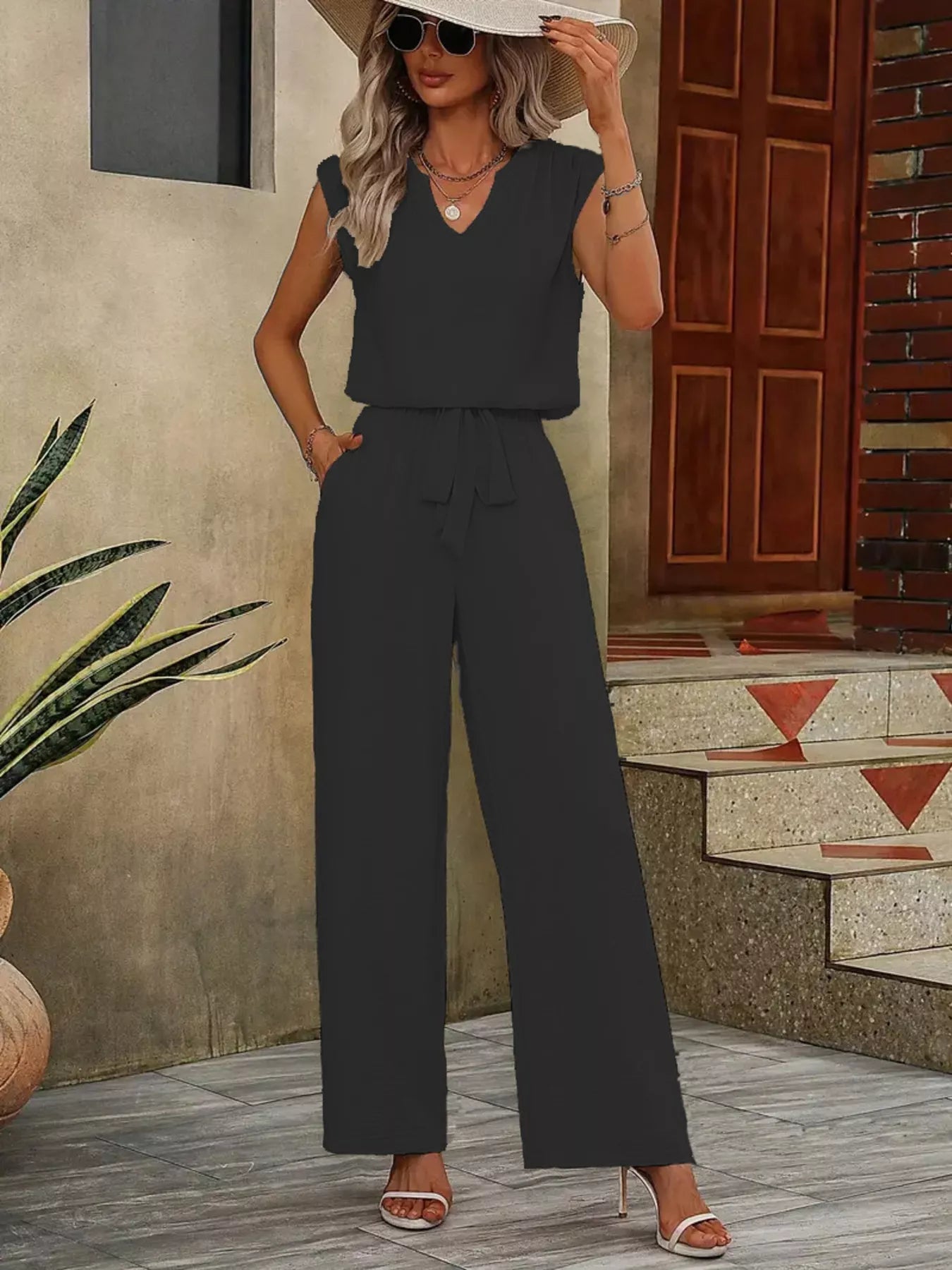 Trendsi V-Neck Sleeveless Tank and Wide-Leg Pants Set -