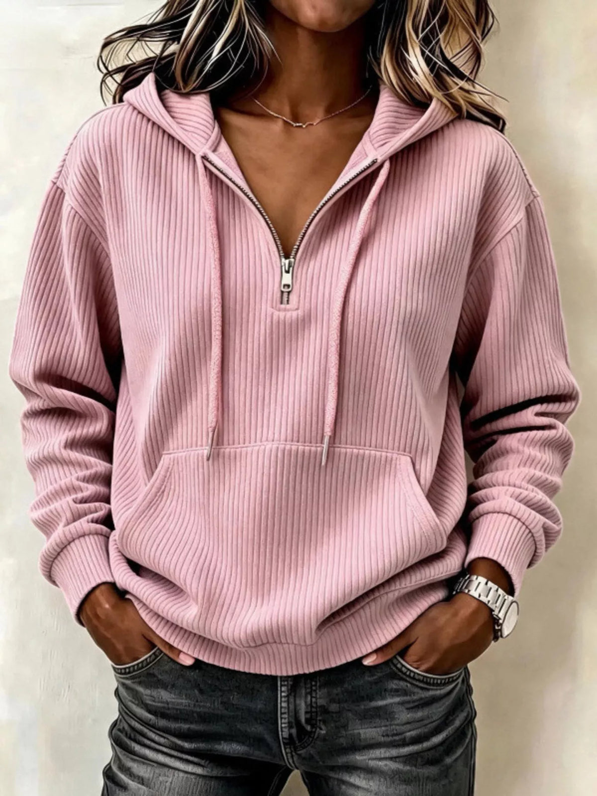 Ribbed Knit Quarter-Zip Hoodie, front view
