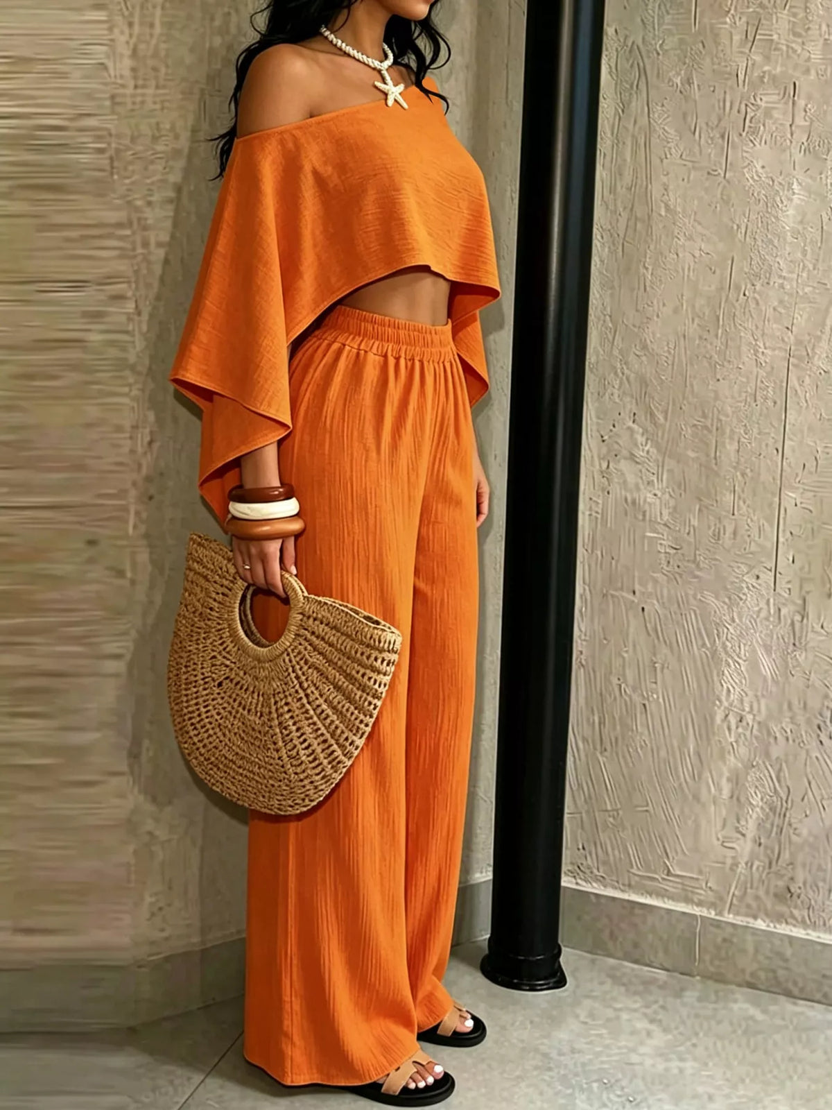 Women's Boat Neck Crop Top and Wide-Leg Pants Set in orange — side view